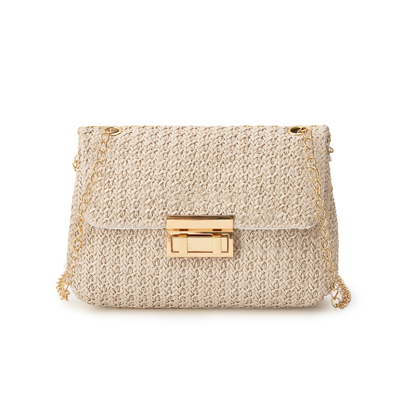 EONTISO Woven Straw Purse Summer Clutch, Gold Chain, Flap with Turn-Lock Closure (White)