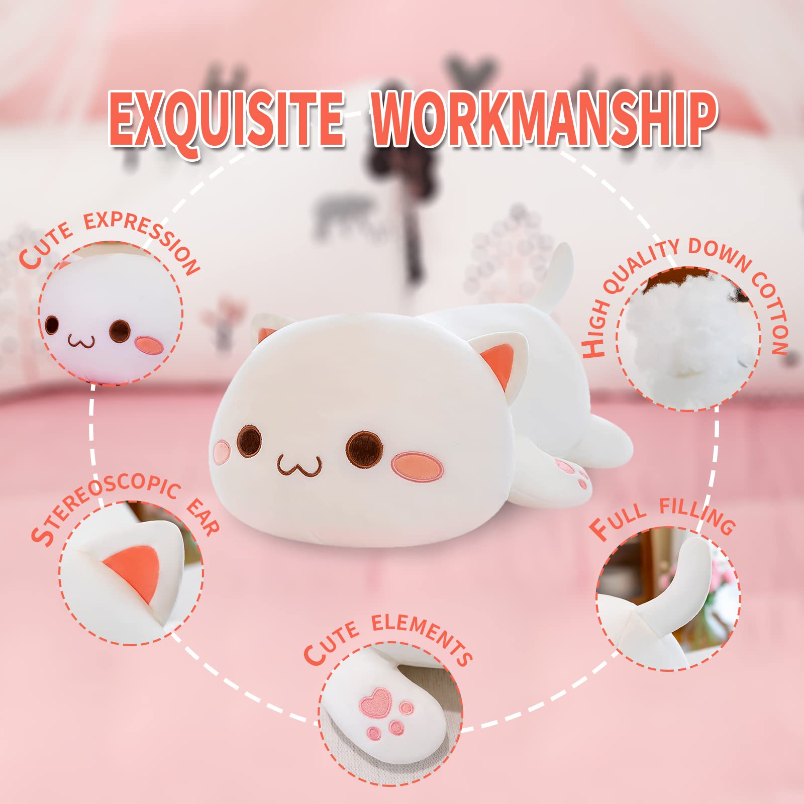 FUYU Cat Stuffed Animals, Soft Cat Plush Pillow Kawaii Kitten Stuffed Animal Toy Gifts for Kids Boys Girls Room Decor (White Round Eyes,27in/67cm)