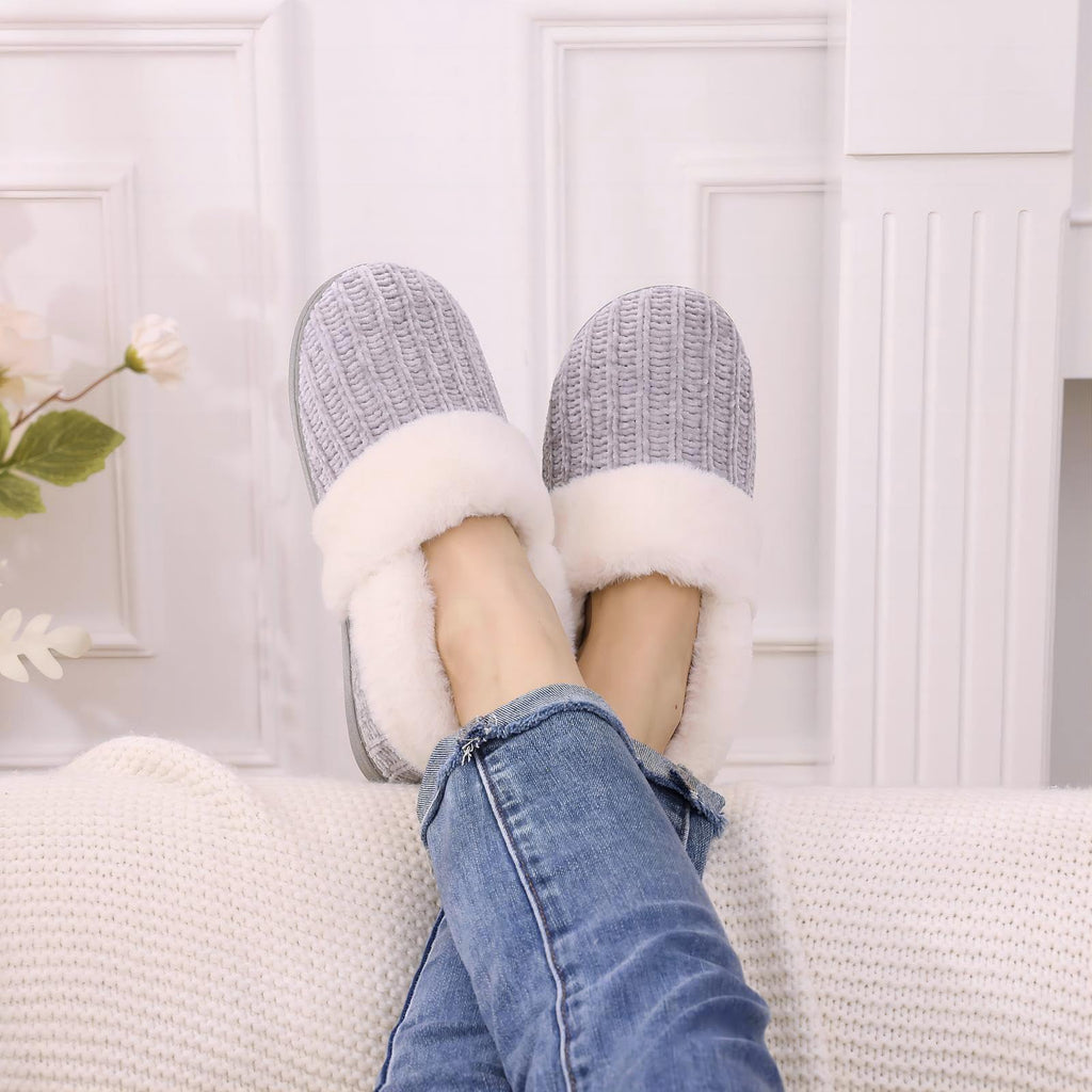 Evshine Women's Fuzzy Memory Foam Slippers, Closed Back Knit Bedroom Slippers, Slip-On Warm House Shoes for Indoor & Outdoor Comfort, Grey, 38-39 (Size 7-8)