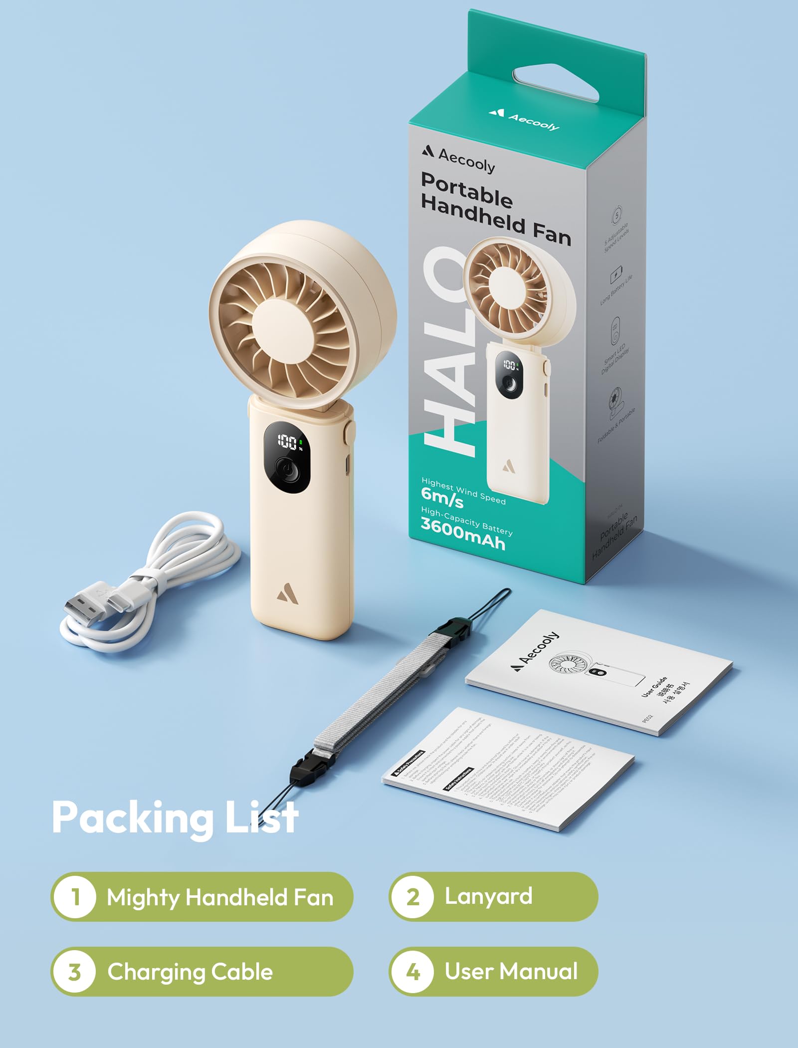 Aecooly Mighty Portable Handheld Fan | 20H Max Cooling Time | 3 Flexible Modes | 5 Speeds Wind | Battery Level Display | USB Rechargeable Mini Personal Battery Powered, Gifts for Women, Travel -Beige