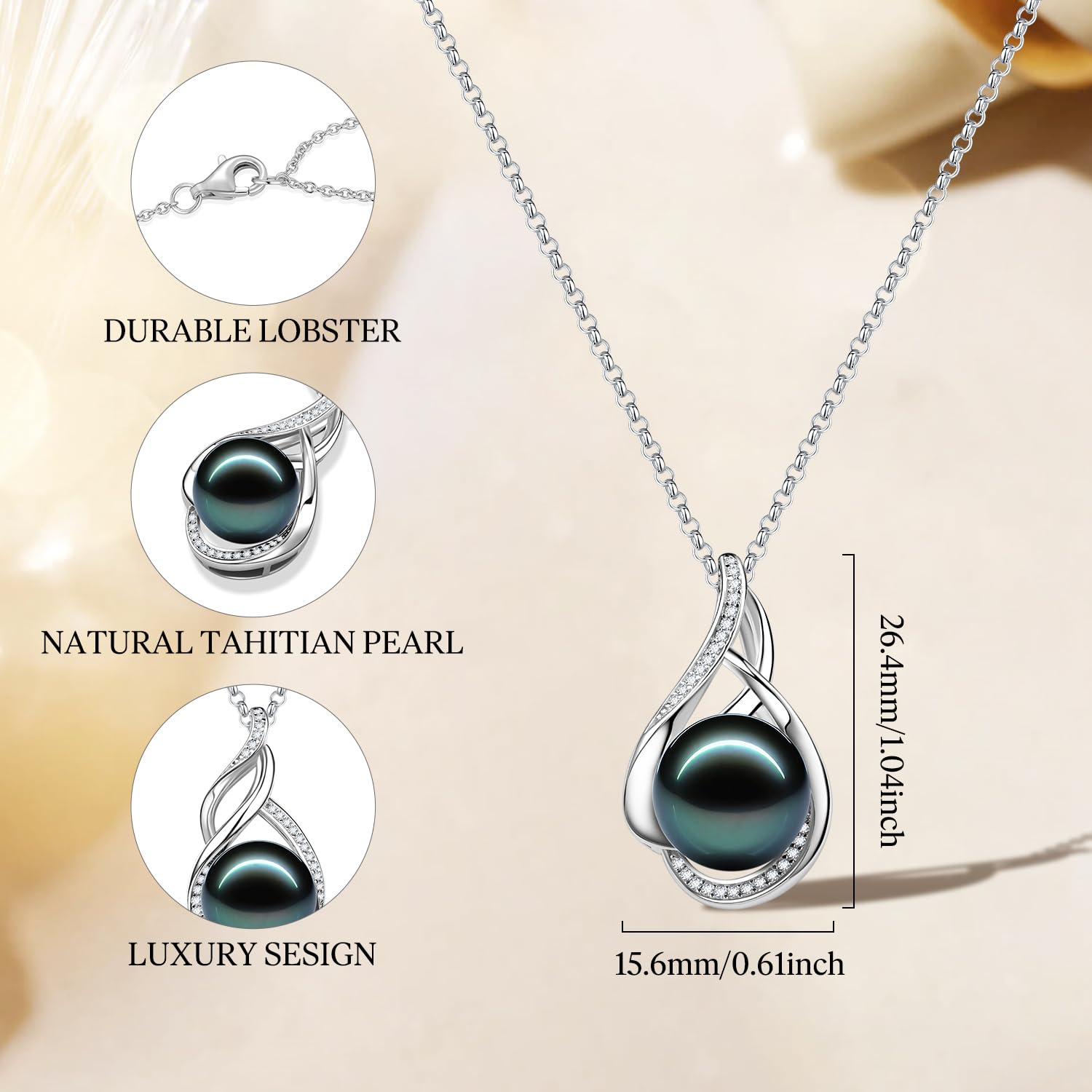 FANCIME Gift for Women Wife Natural Tahitian Pearl Necklace Sterling Silver Vahine Charm 10-12MM Black Pearl Luxury Jewelry Gift for Women, Mother, Wife, 16"+2" Adjustable