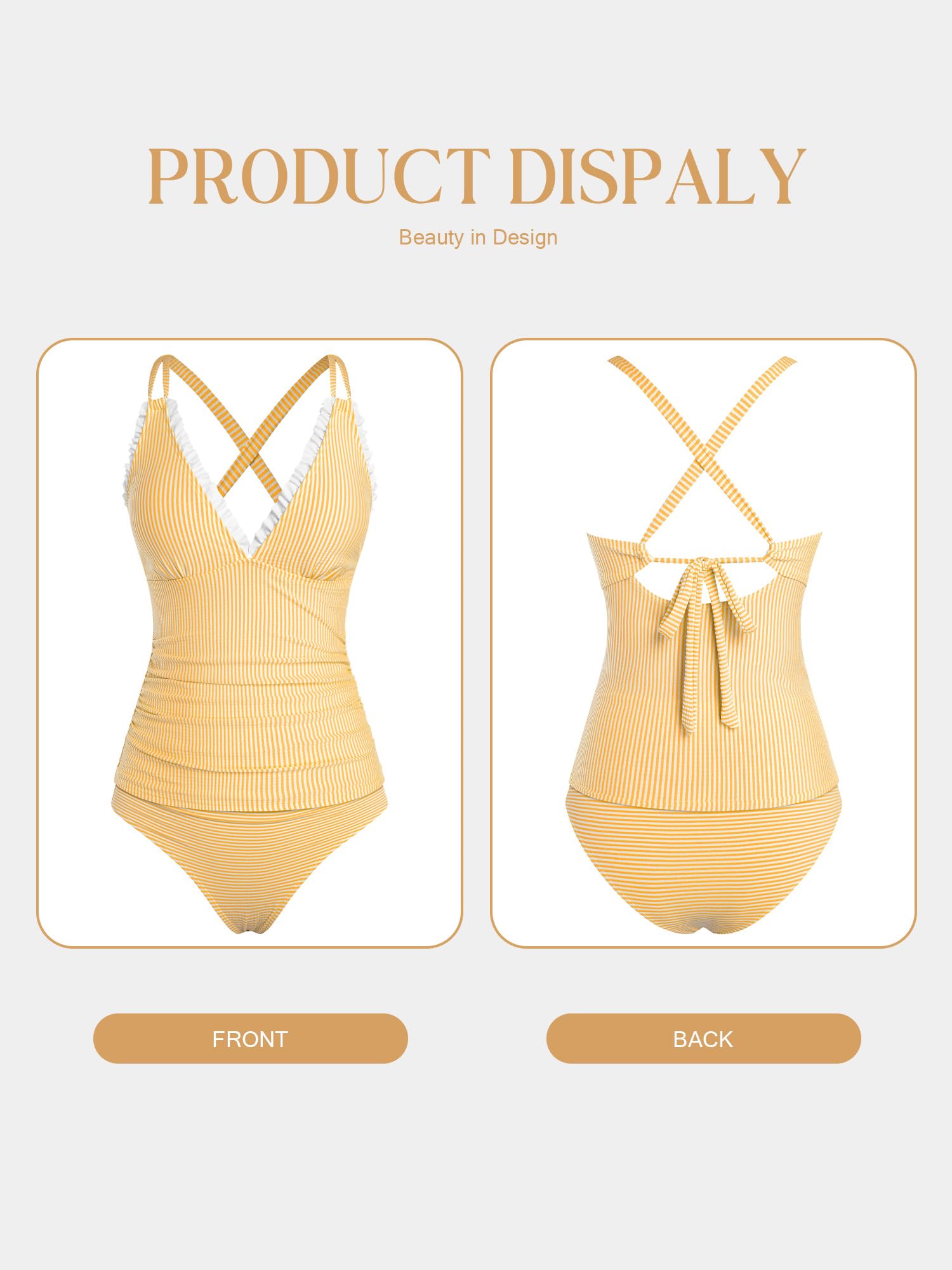 ZAFUL Womens Tankini Bathing Suits Modest Two Piece Swimsuit Smocked Push Up Slimming Tankinis with High Waisted Full Coverage Bottom Sexy Adjustable Straps Ruched Tummy Control Swimwear Yellow L