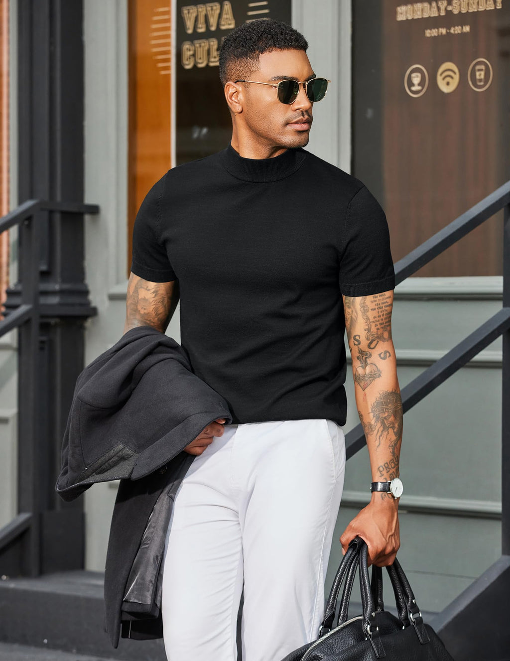 COOFANDY Mens Mock Neck Sweater Short Sleeve Black Turtleneck Pullover Sweater Fashion Slim Fit Knitted Thermal Underwear Tops All Black Small
