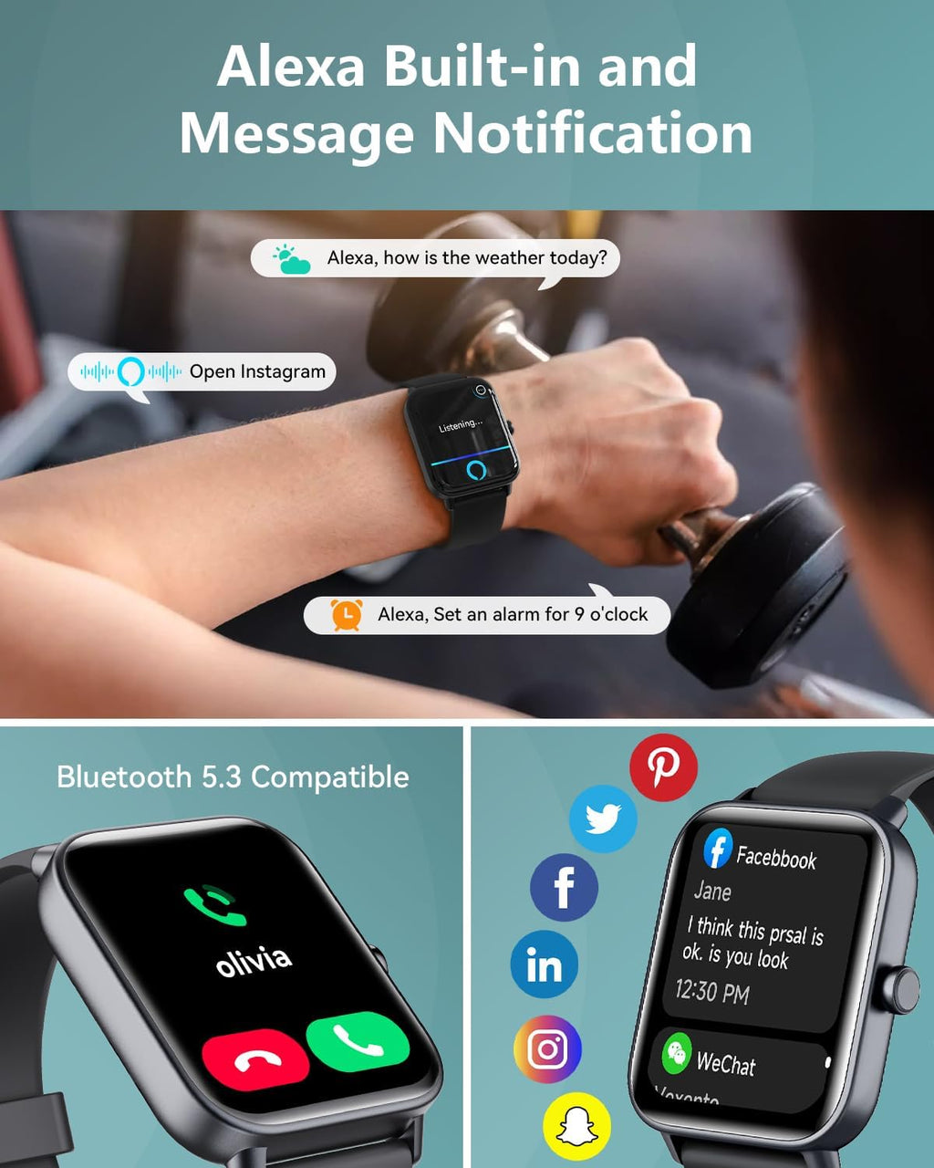 Smart Watches for Women/Men, Smart Watch for Android Phones and iPhone Compatible, Alexa Built-in, 1.8" Fitness Watches for Women, IP68 Waterproof /Bluetooth Call, Heart Rate/Sleep Monitor, Black