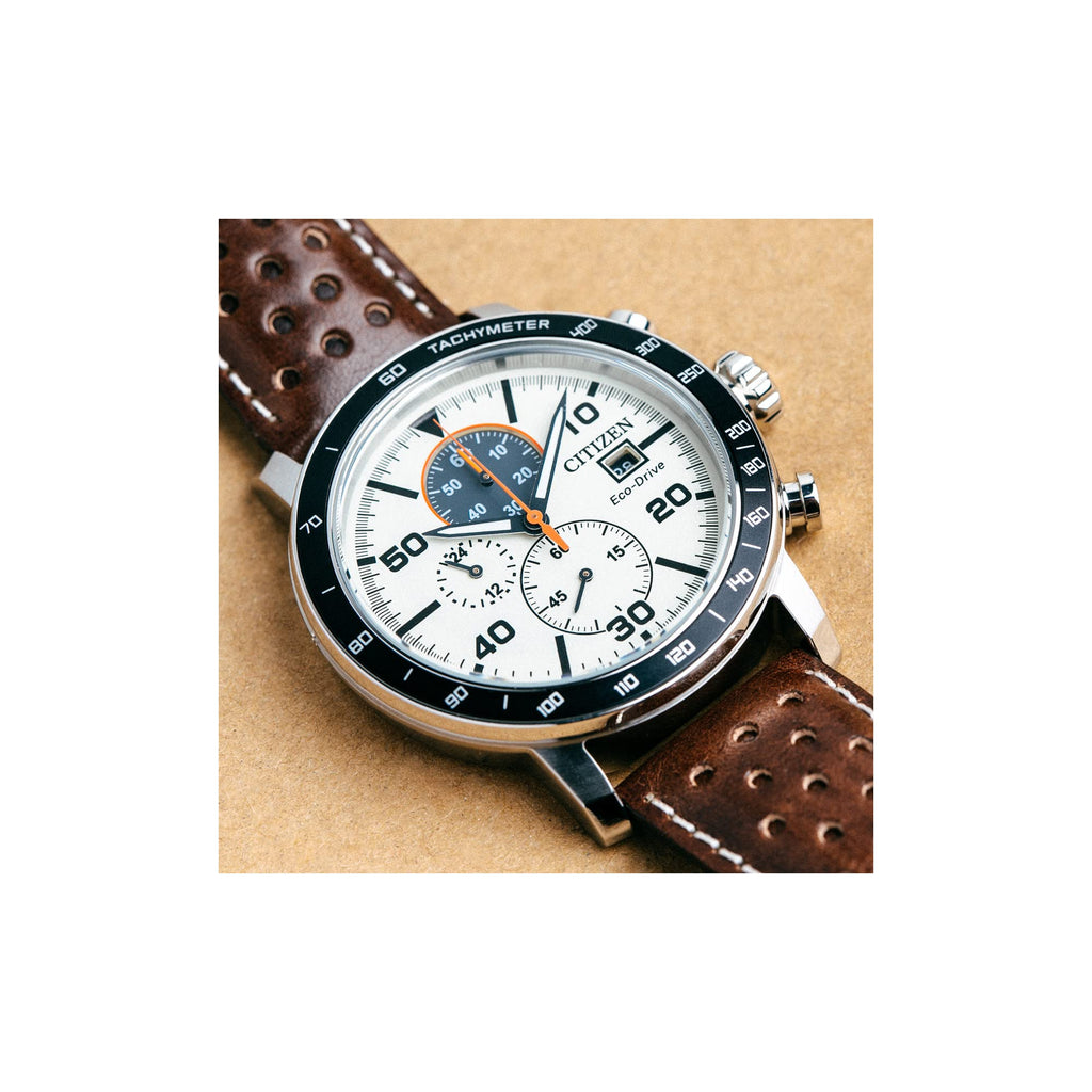 Citizen Men's Eco-Drive Weekender Brycen Chronograph Watch in Stainless Steel, Brown Leather Strap, Ivory Dial (Model: CA0649-06X)