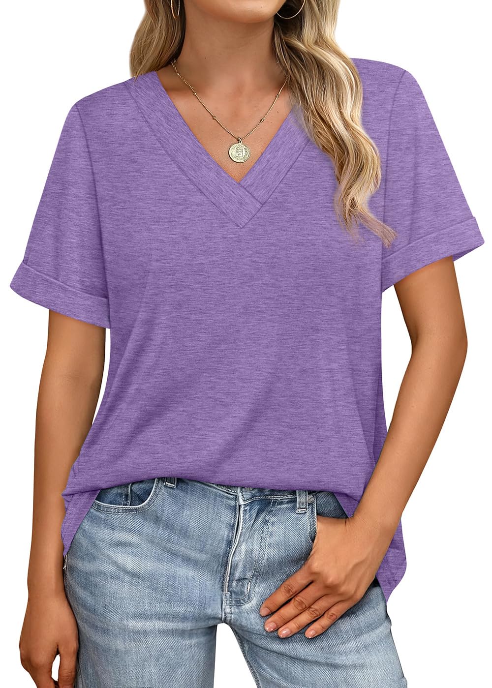 WIHOLL Womens Summer Tops Short Sleeve Casual V Neck T Shirts Loose Fit Trendy Fashion Travel Outfits Solid Color Purple XXL