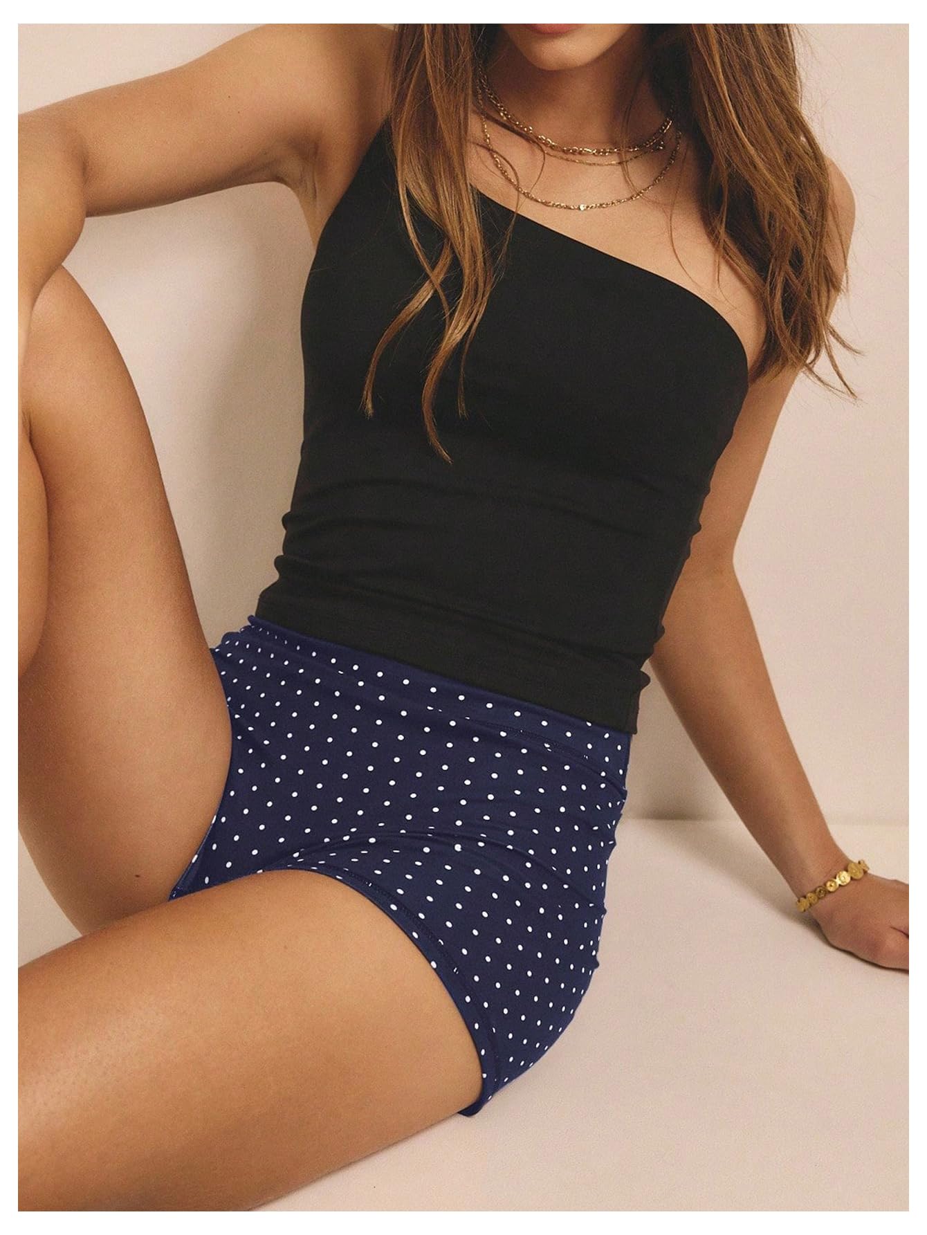 WDIRARA Women's Polka Dots Biker Shorts Elastic Waist Athletic Workout Yoga Shorts Dark Blue Medium
