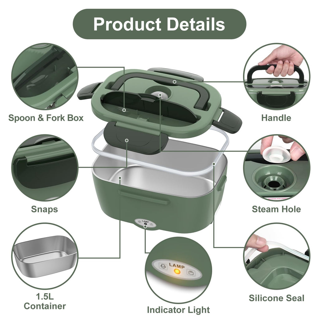 Vabaso Electric Lunch Box for Adults, 80W Heated Lunch Box Portable Food Warmer Lunch Box for Work/Men/Car/Truck with 1.5L 304 Stainless Steel Container Fork & Spoon, 110V/12V/24V