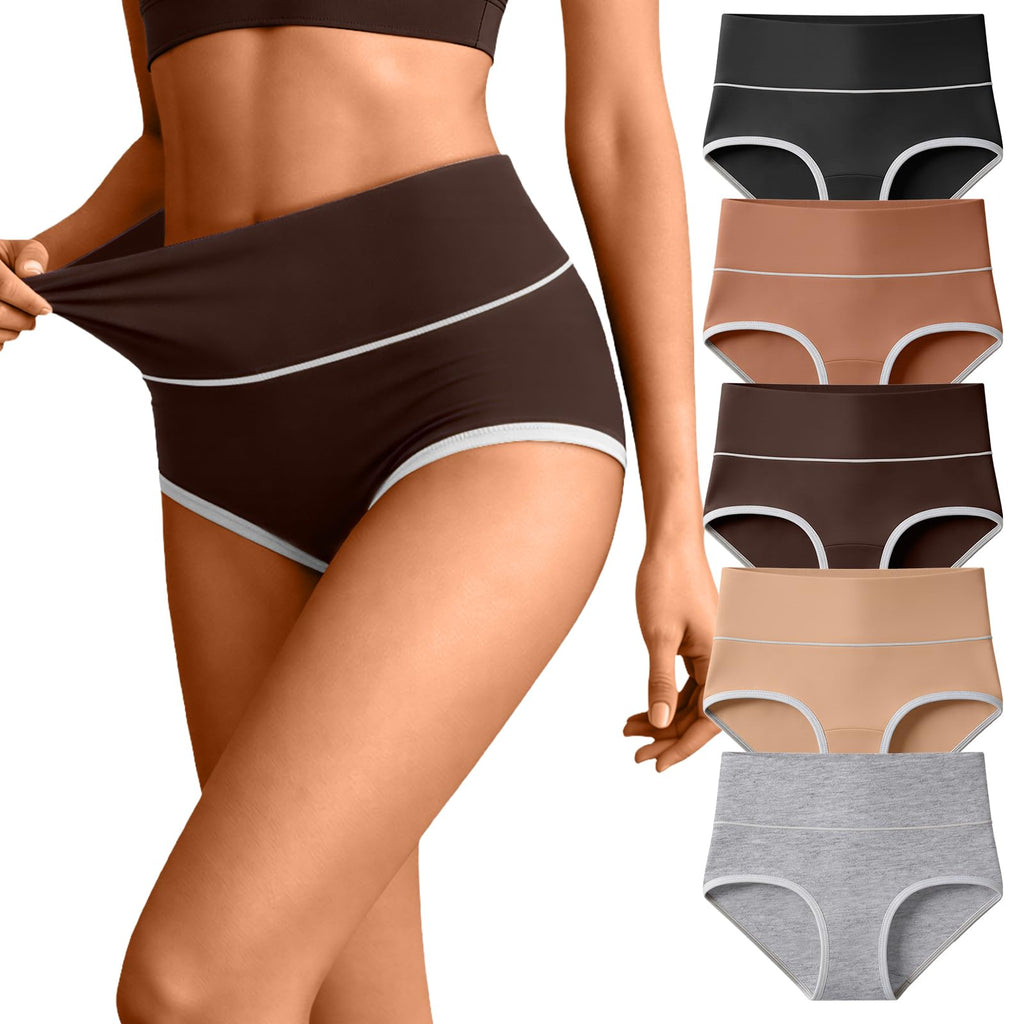 Eadflie Cotton Underwear for Women High Waisted Briefs Stretch Soft Ladies Panties Full Coverage Underpants 5 Pack - Black/Coffee Brown/Camel/Deep Apricot/Heather Gray/S