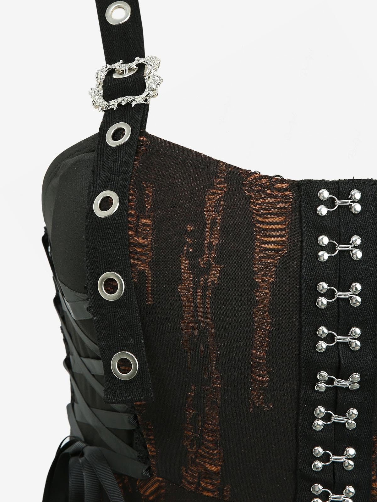 ROSE GAL Plus Size Women Goth Punk Ripped Handkerchief Dress Layered Hook-and-Eye Lace-up Buckles Grommet Midi Grunge Gothic Halloween Costume Dress(Black_1/L)