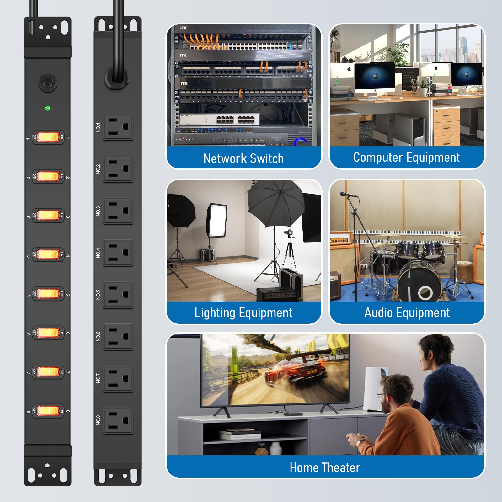 HHSOET 1U Rack Mount Surge Protection, 8 Outlet PDU Power Strip, Metal Mountable Outlet Strip with Switch,1200J, 6ft Power Cord.