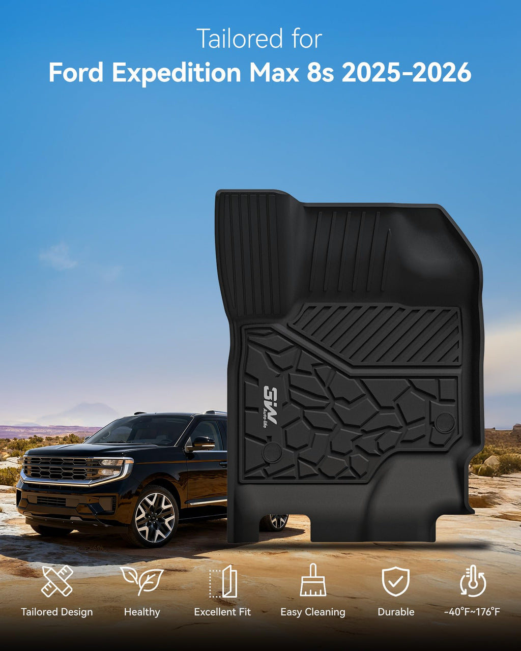 3W Floor Mats for 2025 2026 Ford Expedition Max Bench Seating 8 Seats, All Weather for 2025 2026 Ford Expedition Max (Not fit 7 Seats) Floor Mats Cargo Mat (Only MAX)