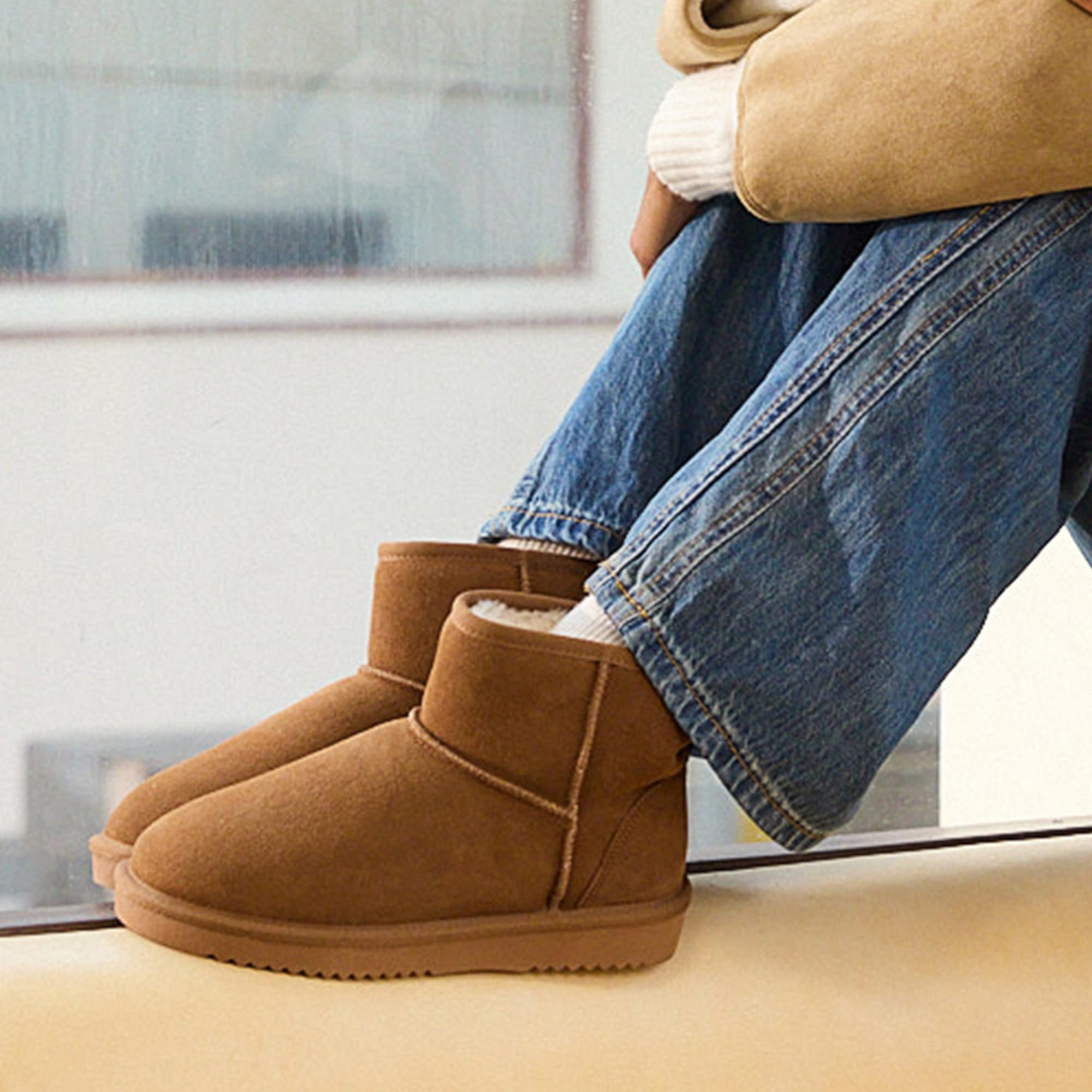 DREAM PAIRS Snow Boots for Women Genuine Suede Faux Fur Lining Anti-Slip Warm Winter Booties Slip On Memory Foam Ankle Boots FuzzyClassicⅡ Low Boots,Size 9,Chestnut,SDSB2432W
