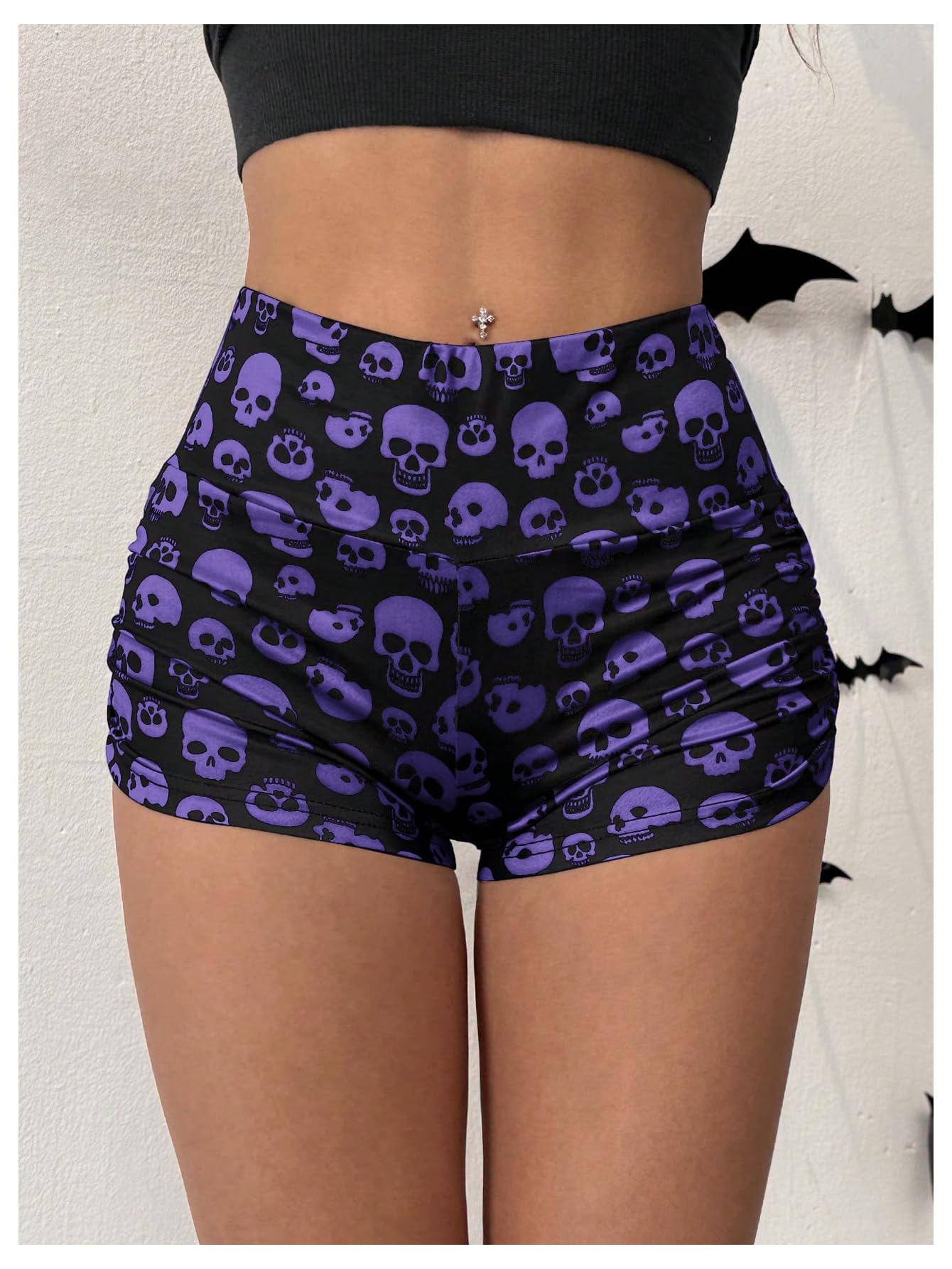 WDIRARA Women's Goth Graphic High Waisted Shorts Ruched Workout Athletic Yoga Biker Skeleton Shorts Purple Large