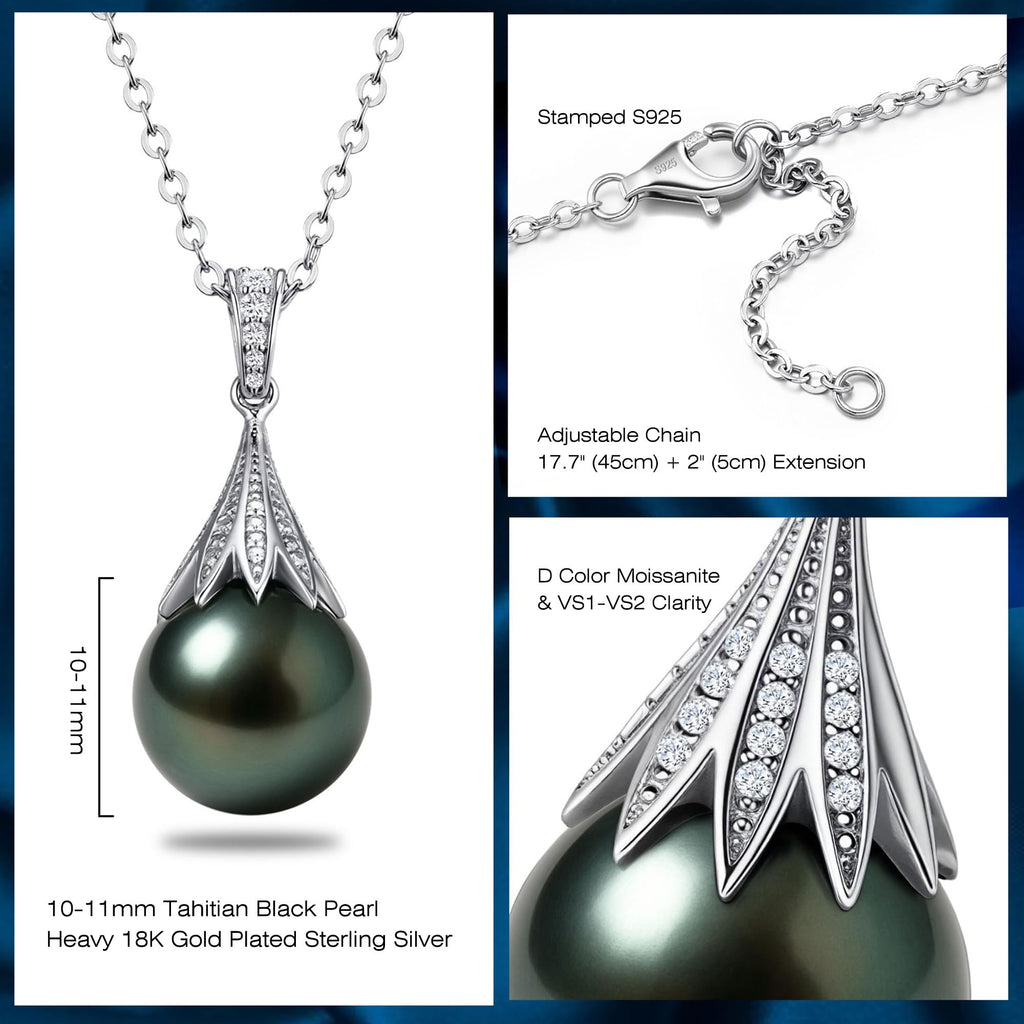 Natural Tahitian Black Pearl Necklace 10-11mm - Christmas Gift for Women Wife, Mom, daughter, Jewelry Gifts for Wedding Anniversary Birthday, Seawater Pearl with Sterling Silver Moissanite Pendant