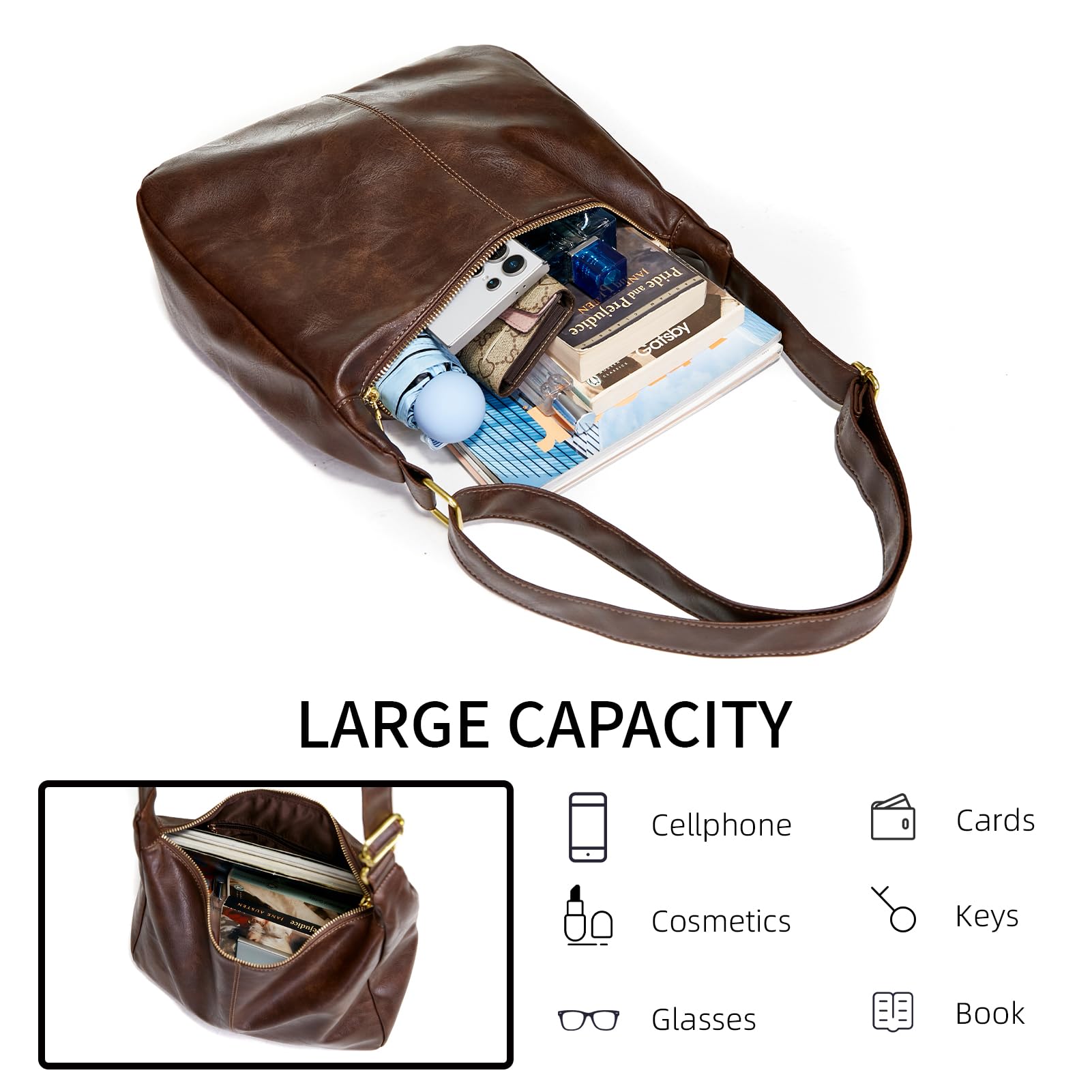 celestina Hobo Bags for Women, Ultra Soft Foldable Vegan Leather Shoulder Handbag, Stylish Slouchy Tote Purses (Brown)