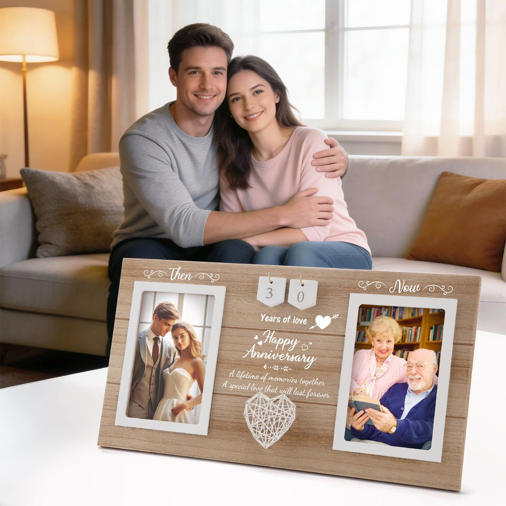 Calibron Then & Now Anniversary Wedding Gifts for Couples, Anniversary Birthday Gifts for Hers/Him, 1-99 Years Double Picture Frame, Anniversaries for Parents Women Men Photo Frame Holds 2pcs 4x6 Pictures