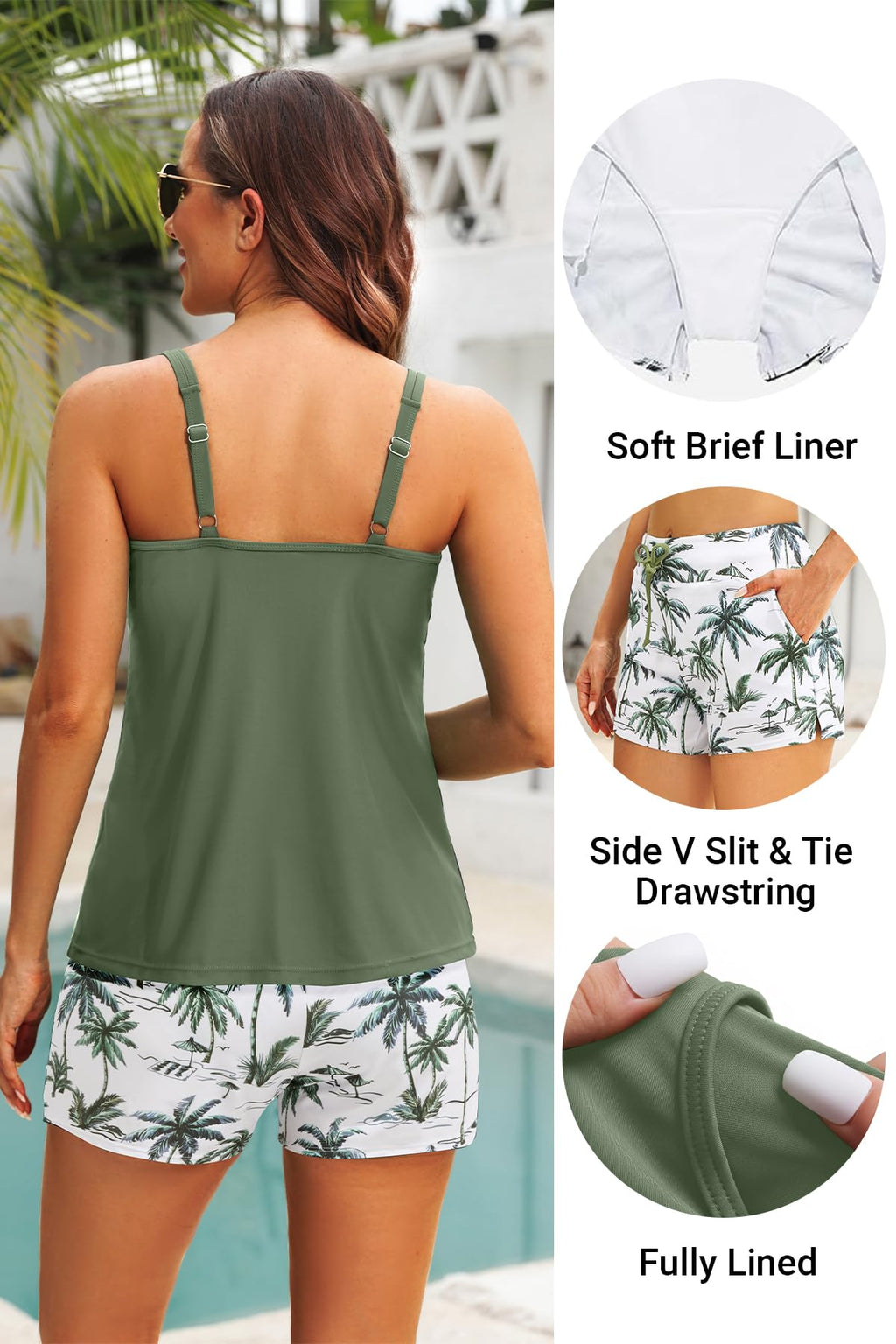 Tempt Me Green Leaves Two Piece Tankini Swimsuits for Women Tummy Control Bathing Suit with Shorts Athletic Swimwear M