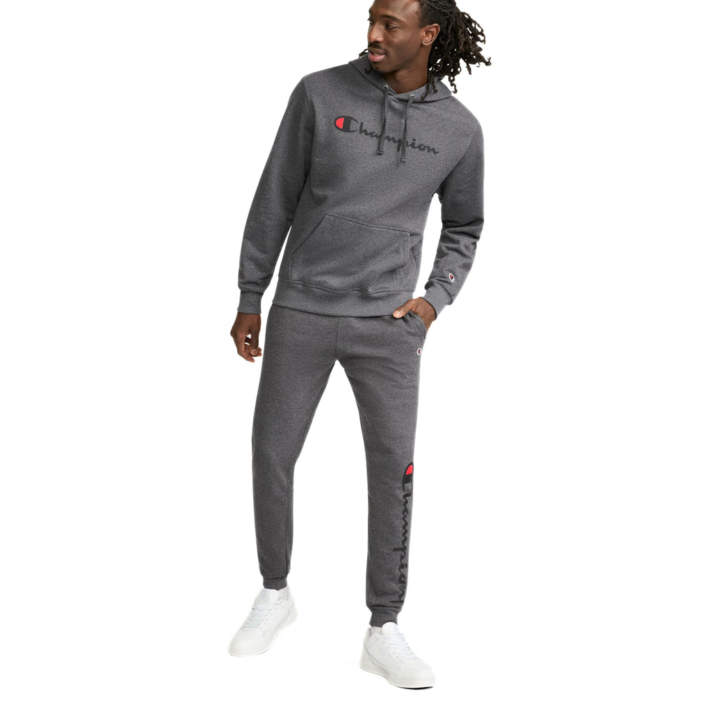 Champion Men's Pullover Graphic Fleece Hoodie, Standard Fit, Midweight Fleece, Classic Script Logo, Available in Regular and Big & Tall, Granite Heather, Large