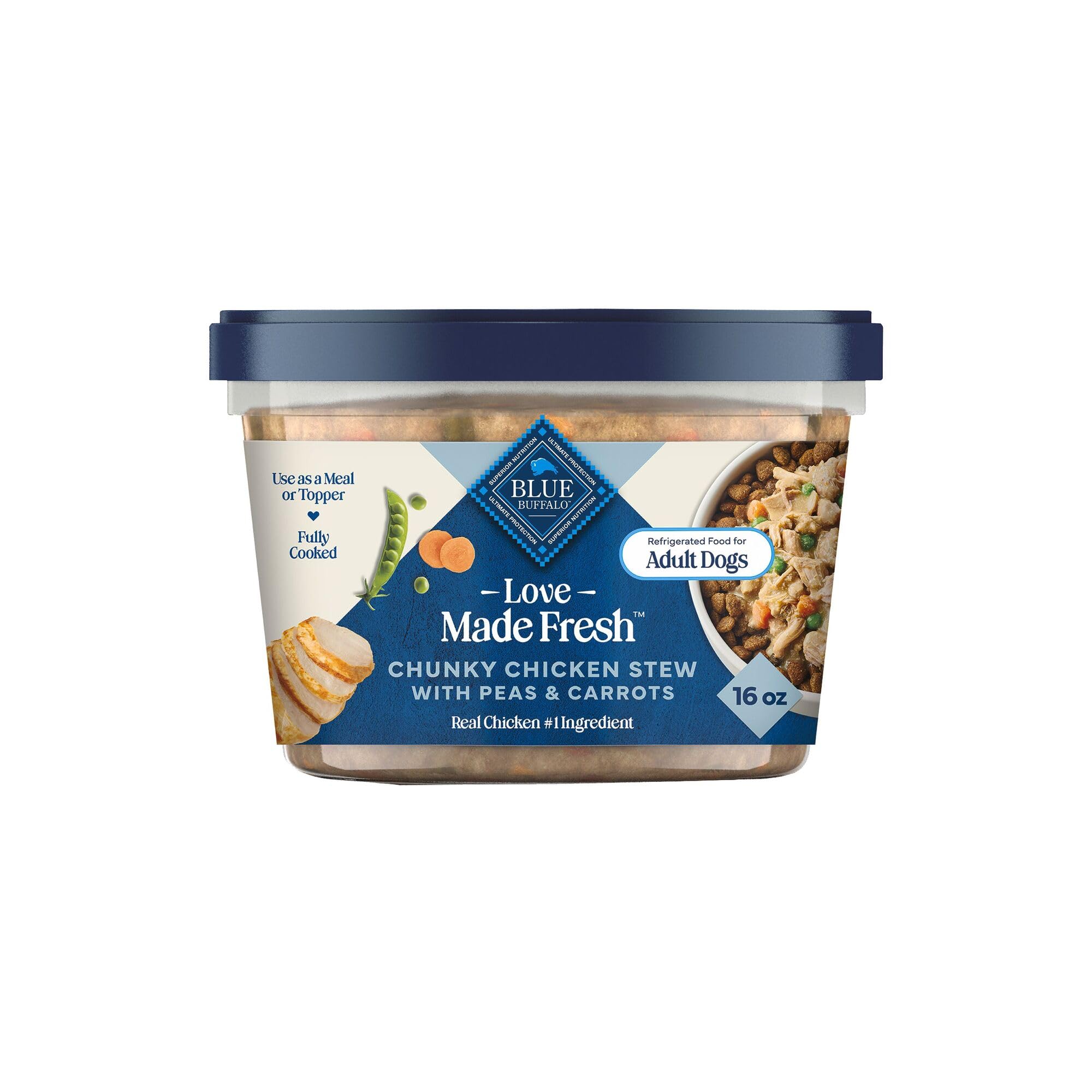 Blue Buffalo Love Made Fresh Natural Adult Dog Food, Refrigerated, Chunky Chicken Stew with Carrots and Peas, Fresh Dog Food, Ready-to-Serve, 1-lb Tub