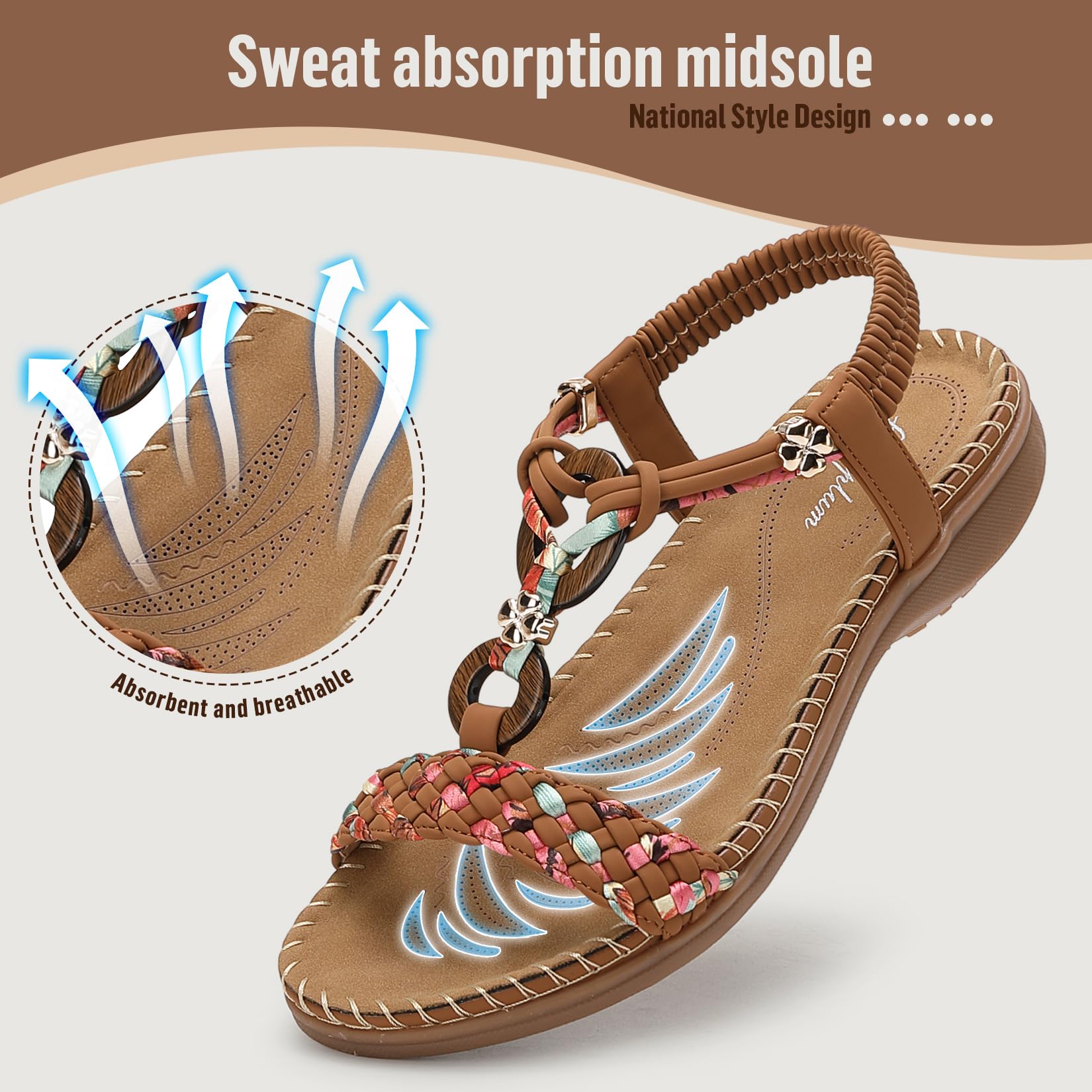 Littleplum Women Sandals Arch Support Handmade Bohemian Braided Flat Sandals Comfort Walking Beach Ankle Elastic Summer Shoes Multi Brown Size 7