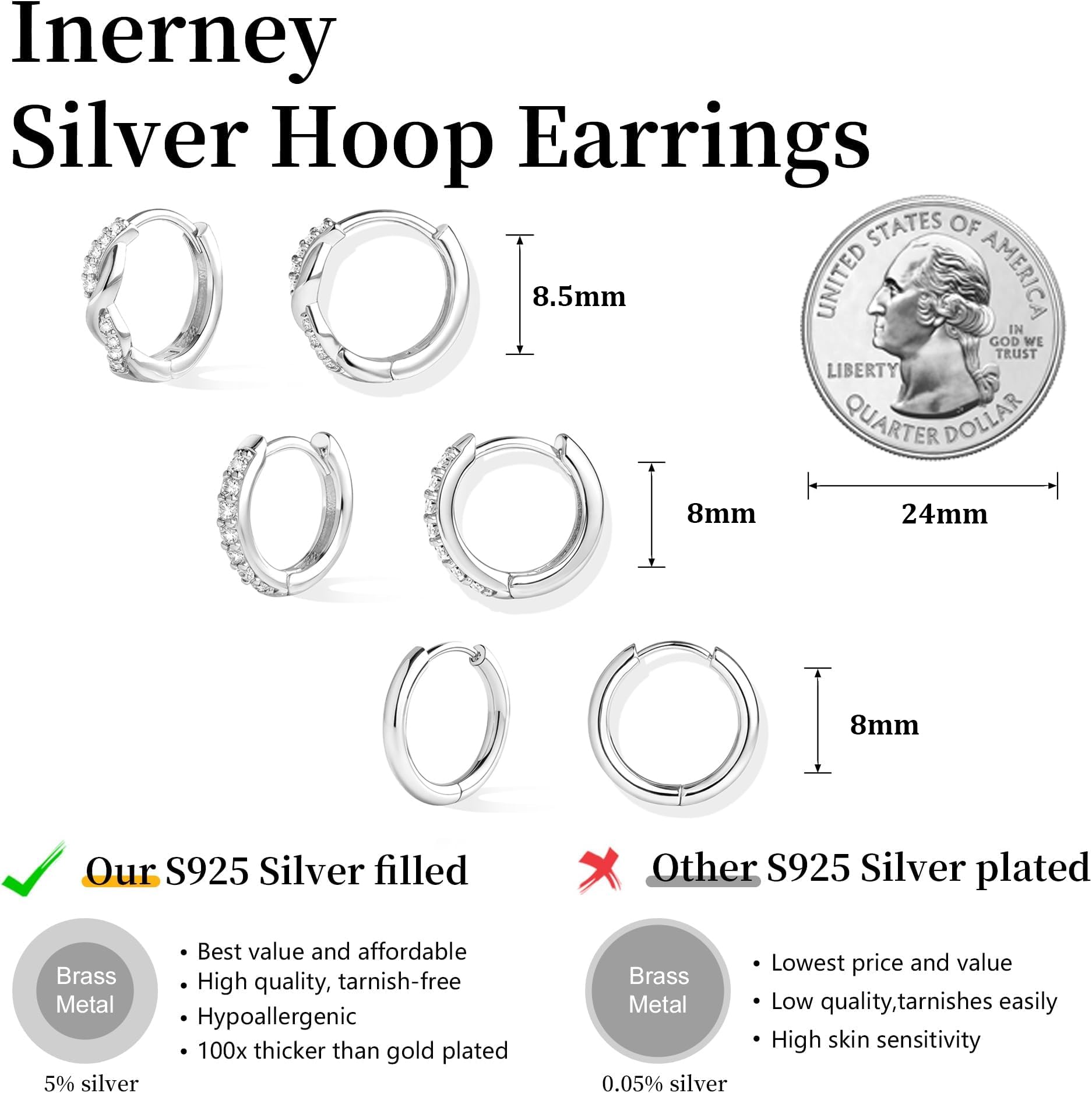 Inerney 925 Sterling Silver Huggie Hoop Earrings Set for Women, Dainty Small Cartilage Hoops Hypoallergenic Jewelry for Multiple Piercings, Trendy Twisted Mini Earring Stacks Gift for Sensitive Ears