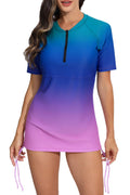 Halcurt Women's Short Sleeve Rash Guard Swim Shirt with Bra Half Zip Tie Drawstring UPF50+ Swimsuit Top Ombre Green Blue Purple S