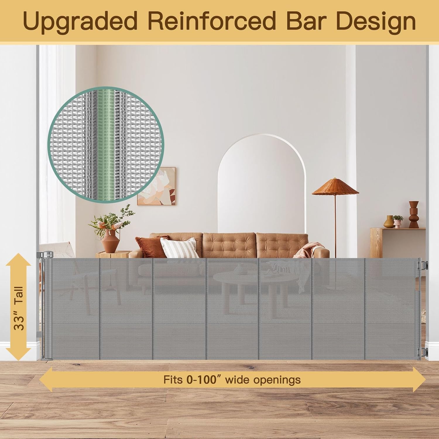 Reinforced 100 Inch Extra Long Baby Gates for Large Openings to Prevent Crawling Under, No Bottom Bar Extra Wide Retractable Baby Gate for Stairs, 8 ft Mesh Child Gate for Parent/Pet Owner Use, Gray
