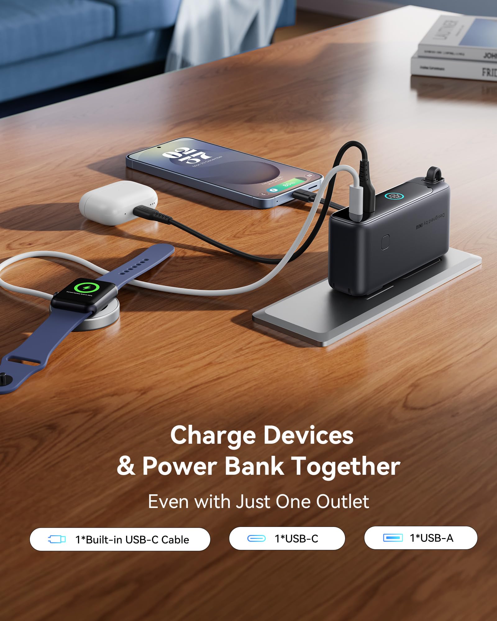 INIU Portable Charger, 10000mAh 30W Fast Charging Power Bank, Built-in USB C Cable and Foldable AC Plug, Travel Essentials Battery Pack for iPhone 16 15, Samsung S25 S24, MacBook