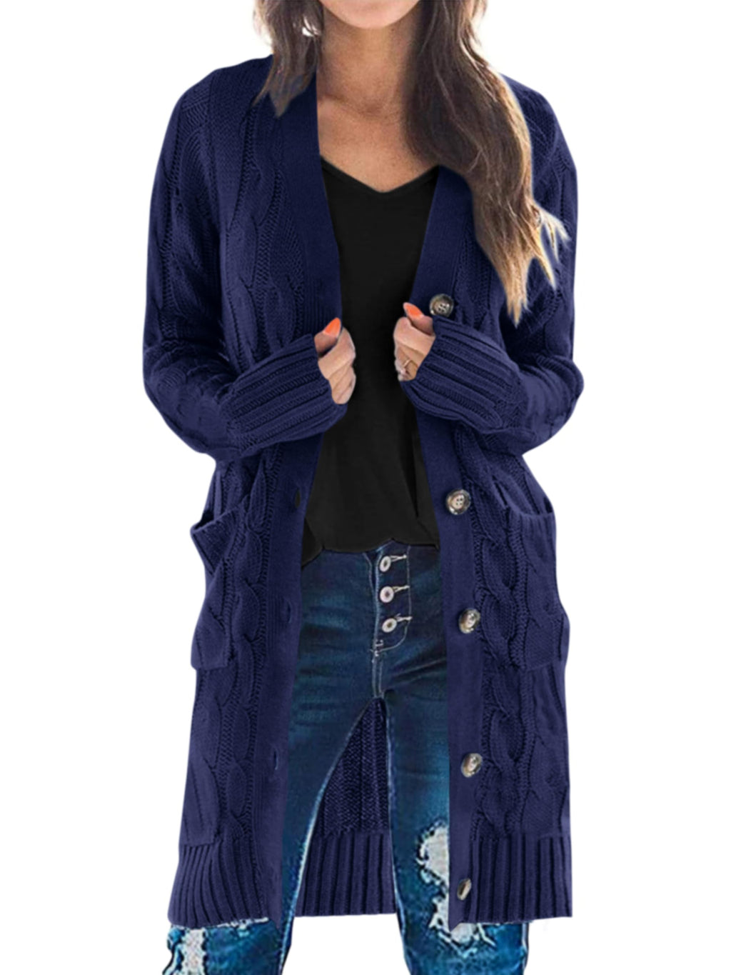 PRETTYGARDEN Long Sleeve Cable Knit Long Cardigan for Women 2026 Spring Winter Chunky Open Front Button Sweaters with Pockets(Dark Blue,Small)