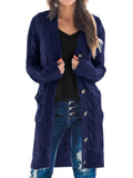 PRETTYGARDEN Long Sleeve Cable Knit Long Cardigan for Women 2026 Spring Winter Chunky Open Front Button Sweaters with Pockets(Dark Blue,Small)