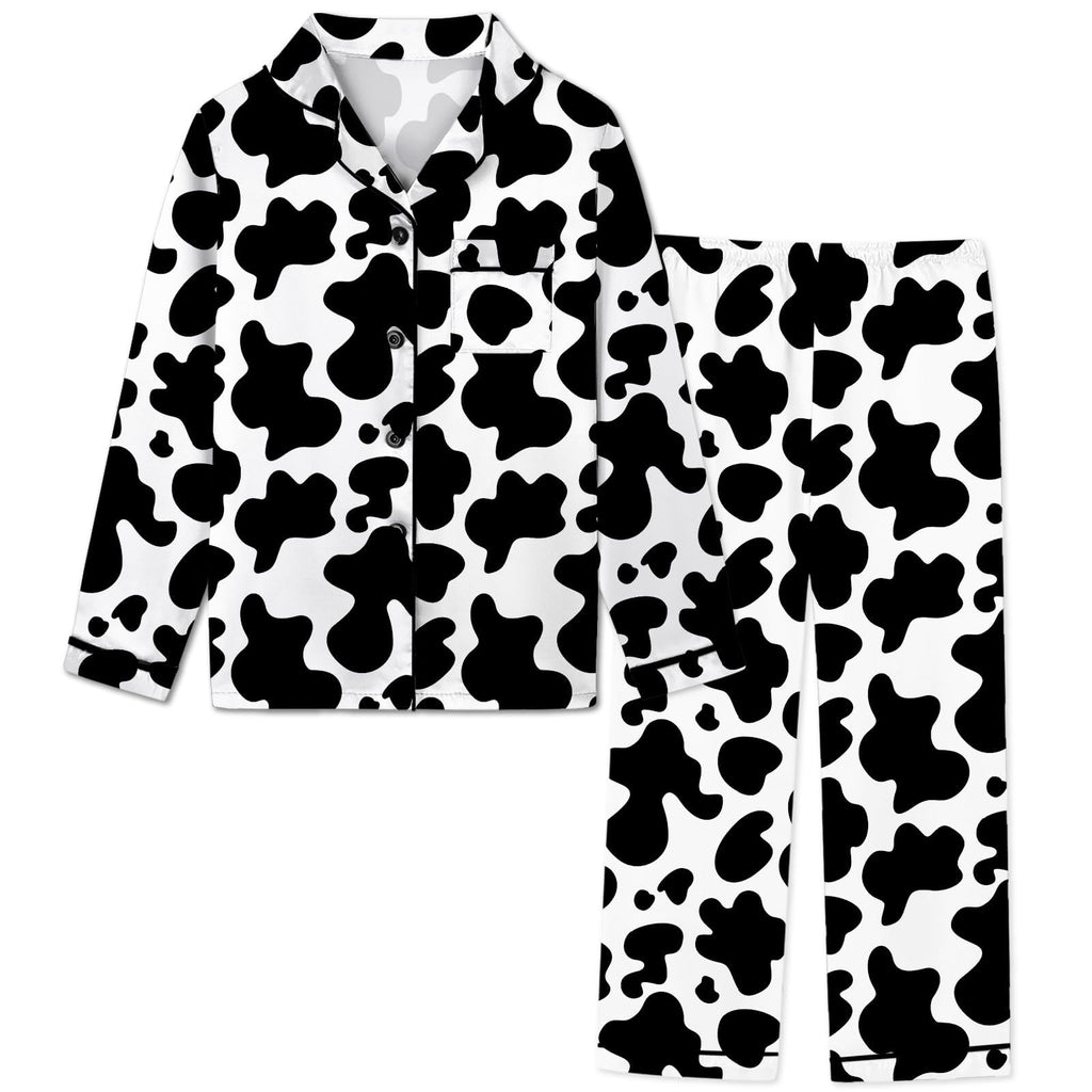 Silk Pajamas for Girls Satin Long Sleeve Button Down PJ Set Two-Piece Sleepwear for Kids, Cow Print, 4-5T