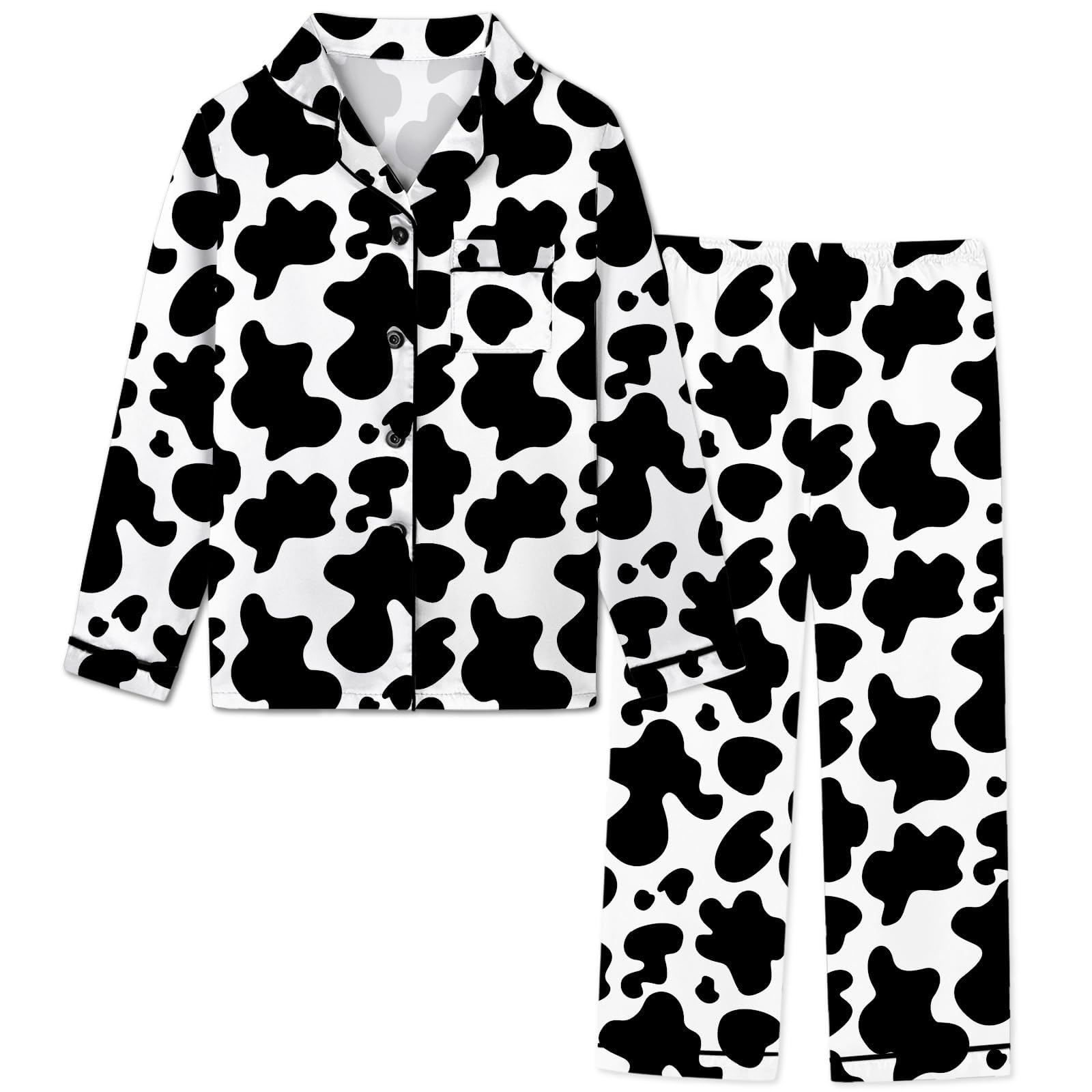 Silk Pajamas for Girls Satin Long Sleeve Button Down PJ Set Two-Piece Sleepwear for Kids, Cow Print, 4-5T