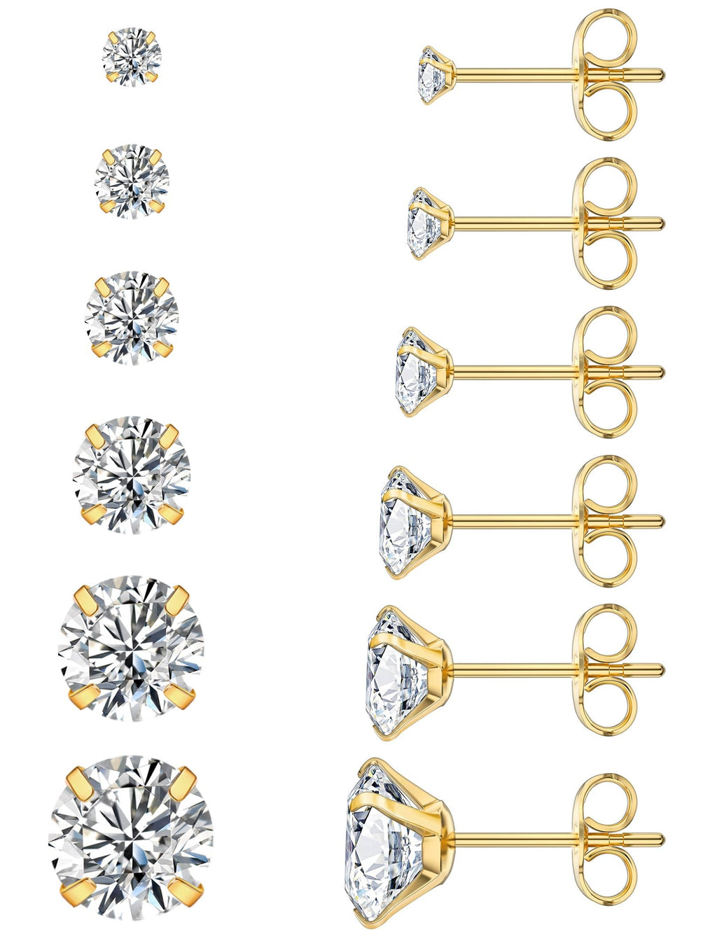 6 Pairs Stud Earrings Hypoallergenic Cubic Zirconia 316L Earrings Stainless Steel CZ Earrings Set 3-8mm (Gold)