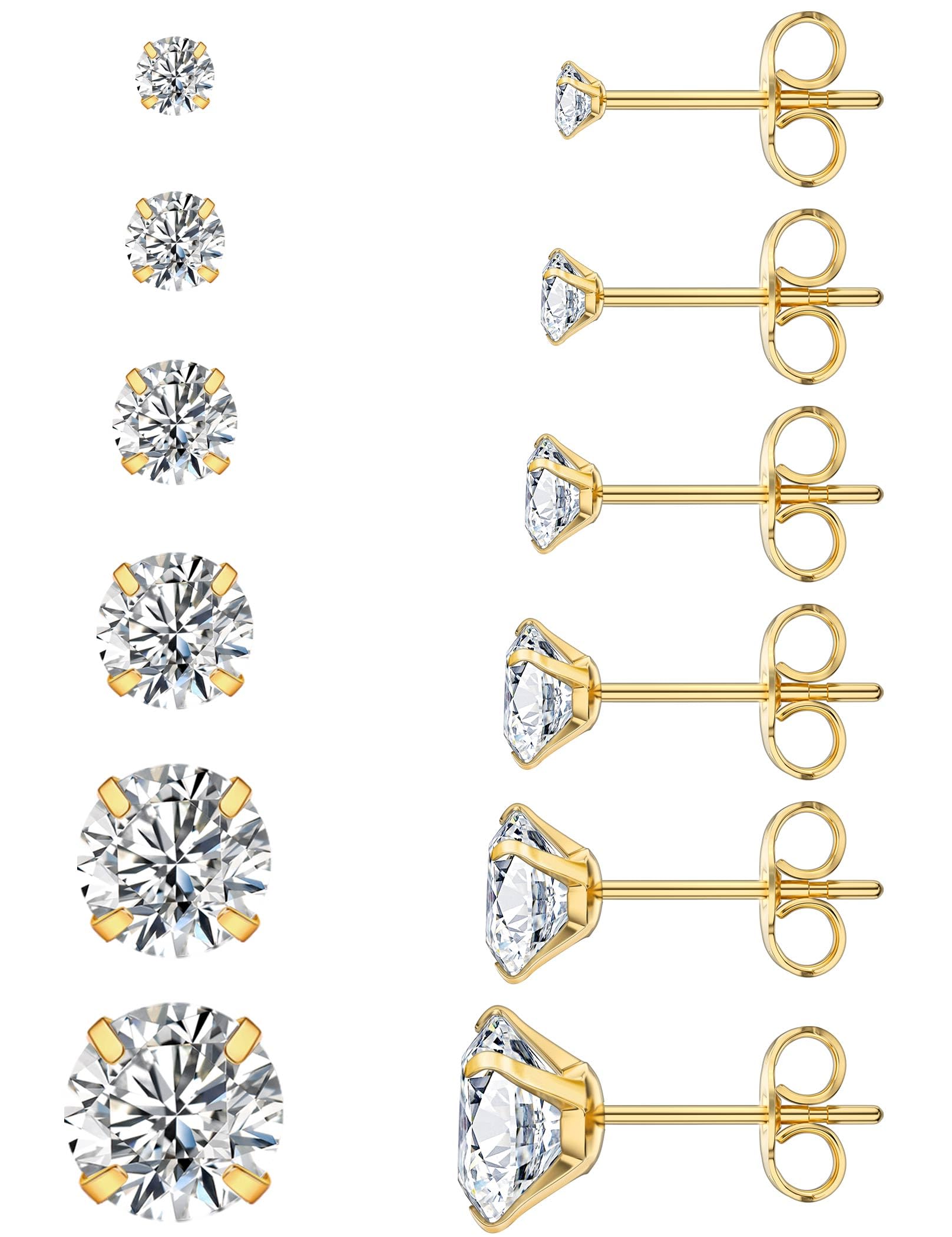 6 Pairs Stud Earrings Hypoallergenic Cubic Zirconia 316L Earrings Stainless Steel CZ Earrings Set 3-8mm (Gold)