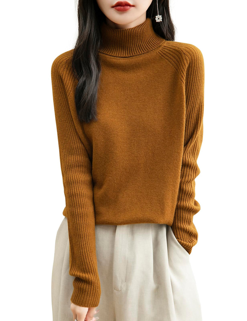 Chanyarn Women's Turtleneck 100% Merino Wool Sweater 2025 Fall Winter Classic Warm Soft Raglan Long Sleeve Knit Sweater (Caramel,S)