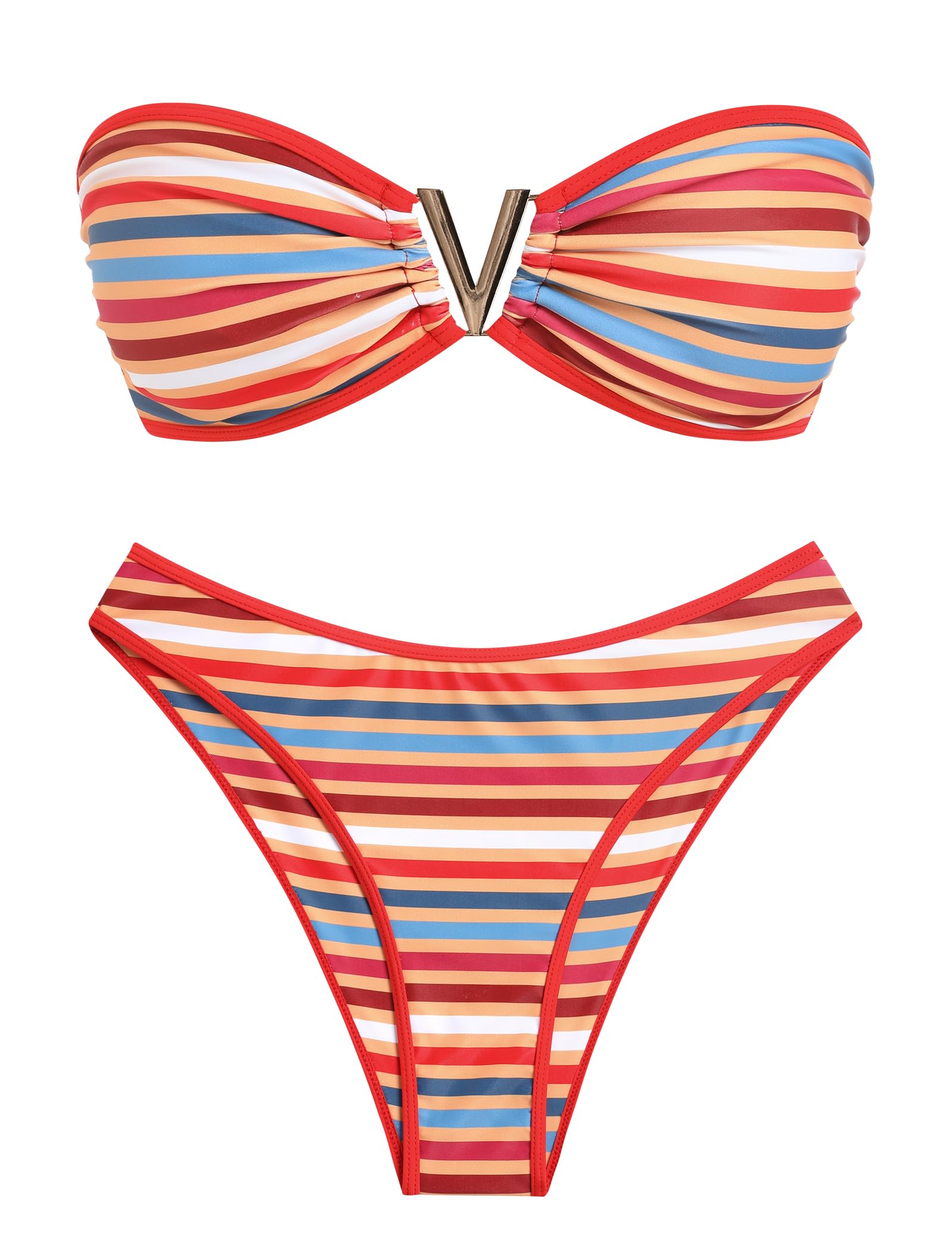 ZAFUL Women's Bandeau Bikini V Strapless Confetti Colorblock Tie Back High Cut Two Piece Swimsuit Bathing Suits (3-Orange Red, M)