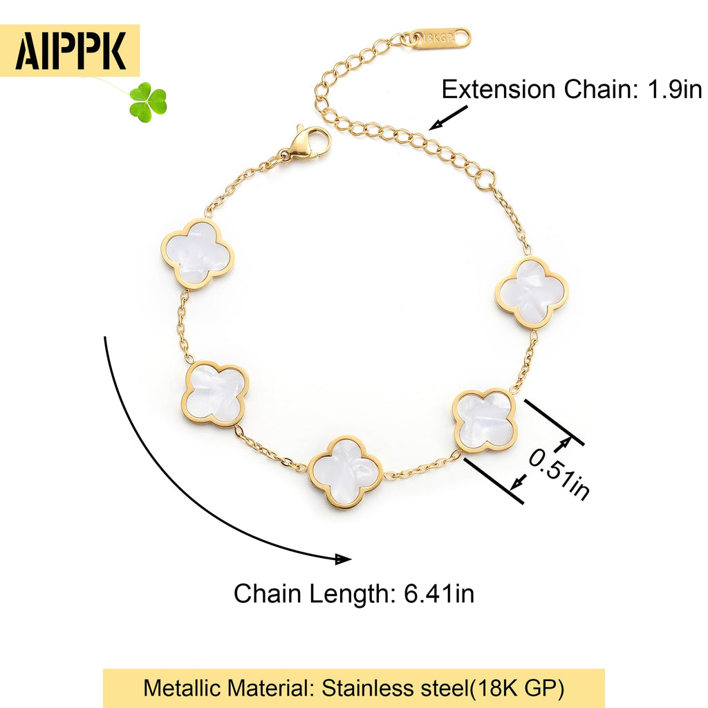AIPPK 18K Gold Plated Clover Lucky Bracelet Dupes for Women White Flower Four Leaf Bracelets Trendy Jewelry Gifts for Women