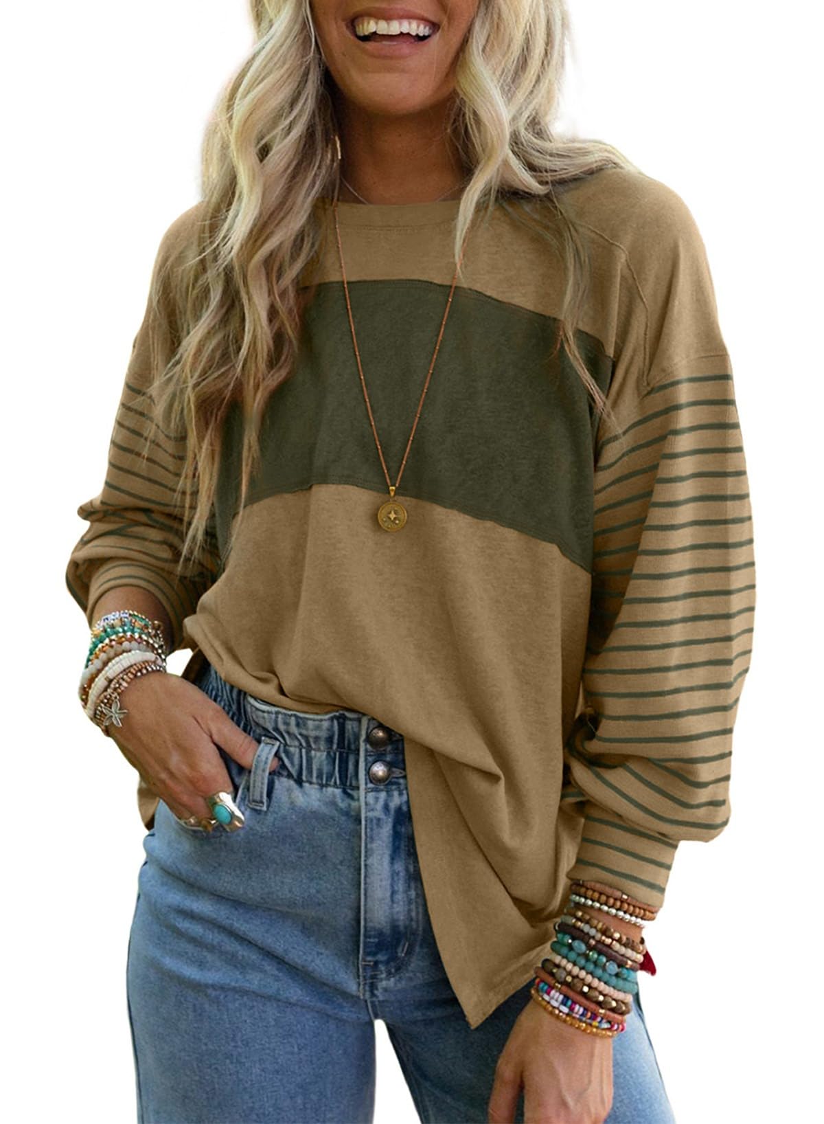 Dokotoo Long Sleeve Shirts Womens Tops Cute 2025 Spring Outfits Trendy Sweatshirt Business Casual Loose Fit Dressy Oversized Fashion Ladies Tunics Work Blouses Striped Colorblock Knit Tops Clothing