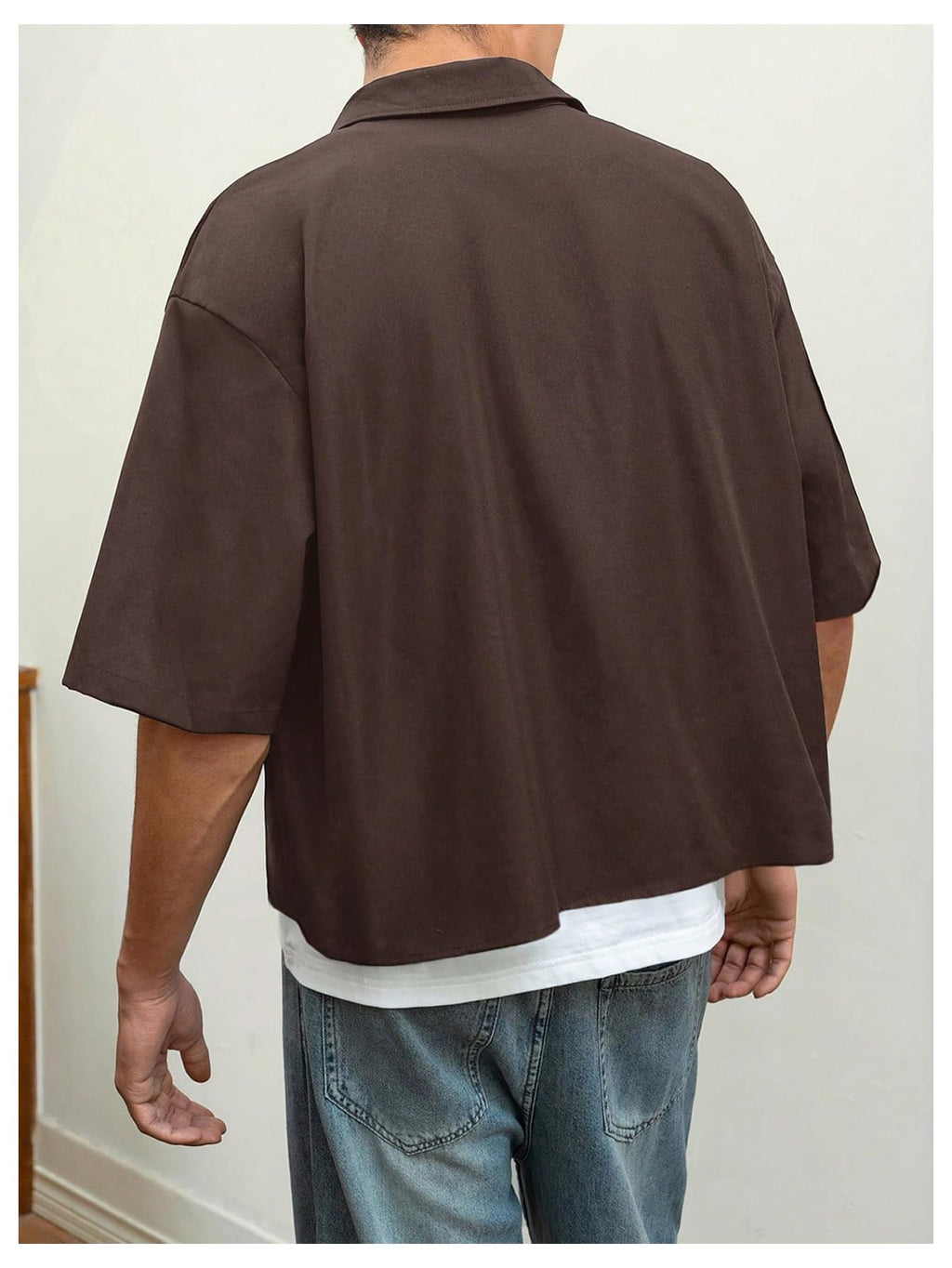 GORGLITTER Men's Cropped Shirt Button Bown Short Sleeve Casual Collar Neck Summer Shirts Crop Top Coffee Brown Small