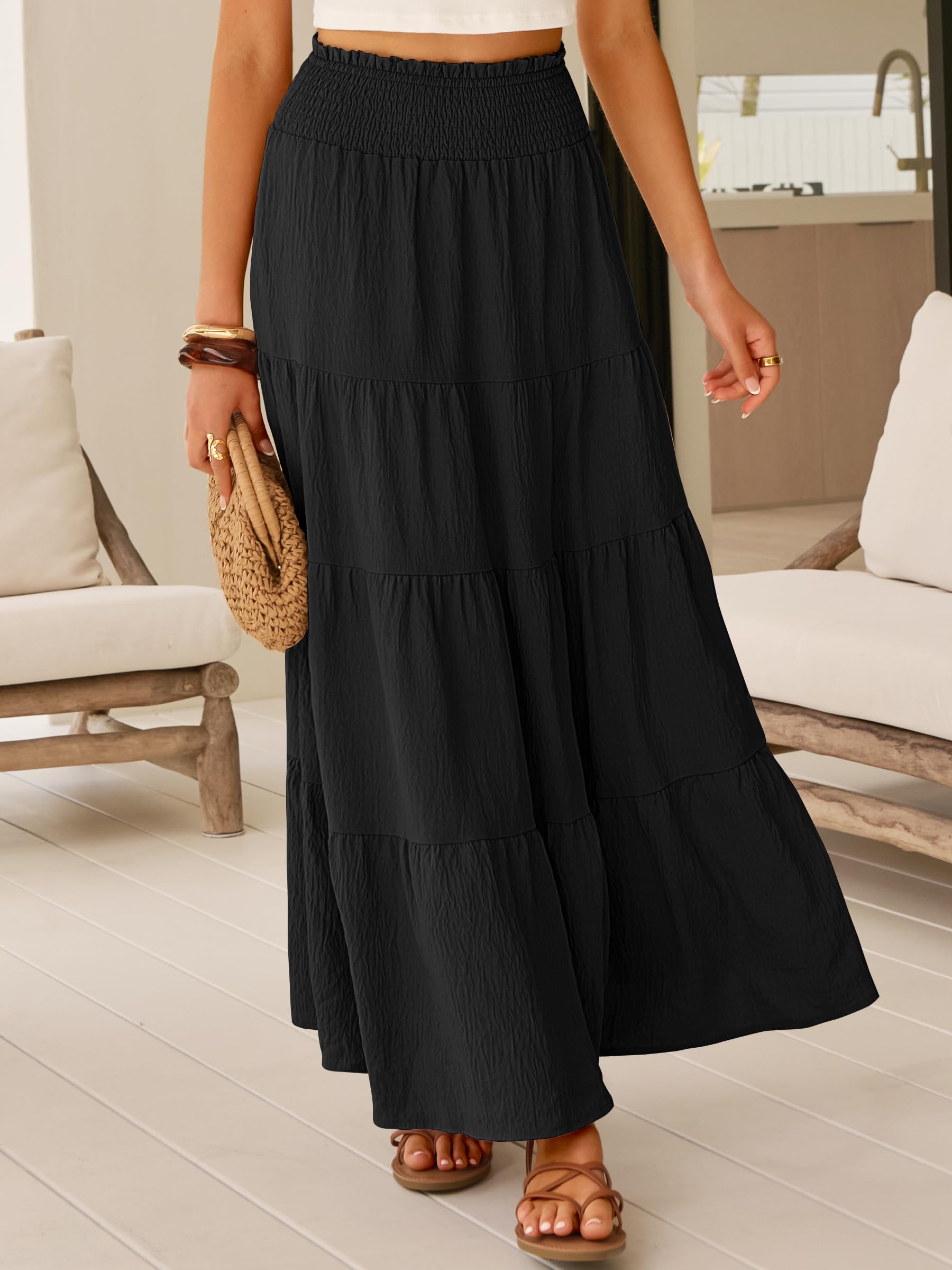 ANRABESS Womens Maxi Skirt Summer Boho Long Flowy Elastic High Waist A-Line Tiered Skirts 2026 Casual Beach Vacation Clothes Black L