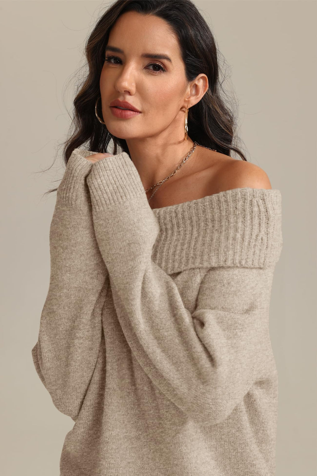 ATHMILE Cute Tops for Womens Off The Shoulder Sweaters Oversized Batwing Sleeve Loose Pullover Spring Fall Winter Outfits Khaki