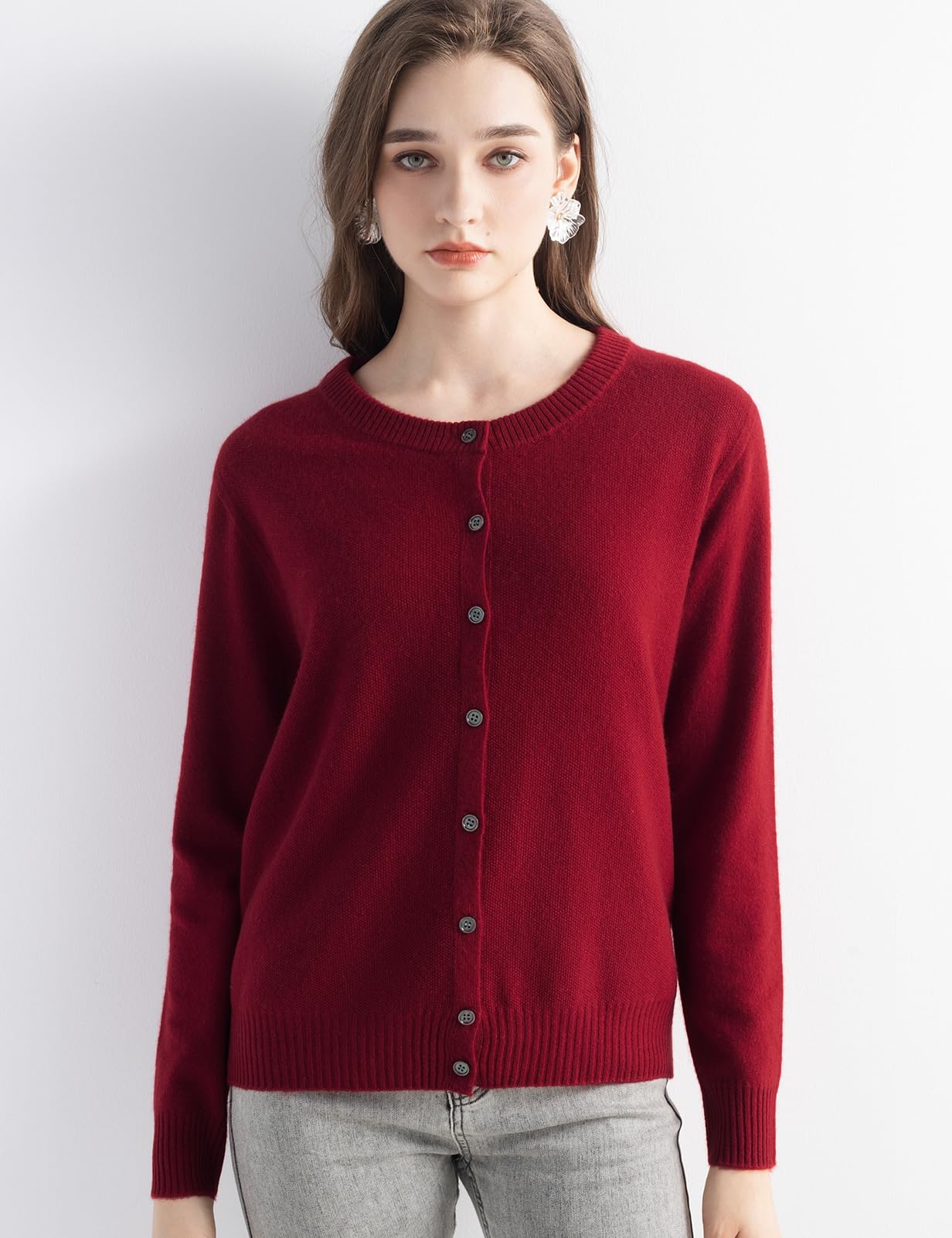 Chanyarn Women's 100% Pure Cashmere Cardigan Crew Neck Long Sleeve 2025 Fall Winter Warm Soft Knit Cardigan Sweater (Wine Red26107,M)