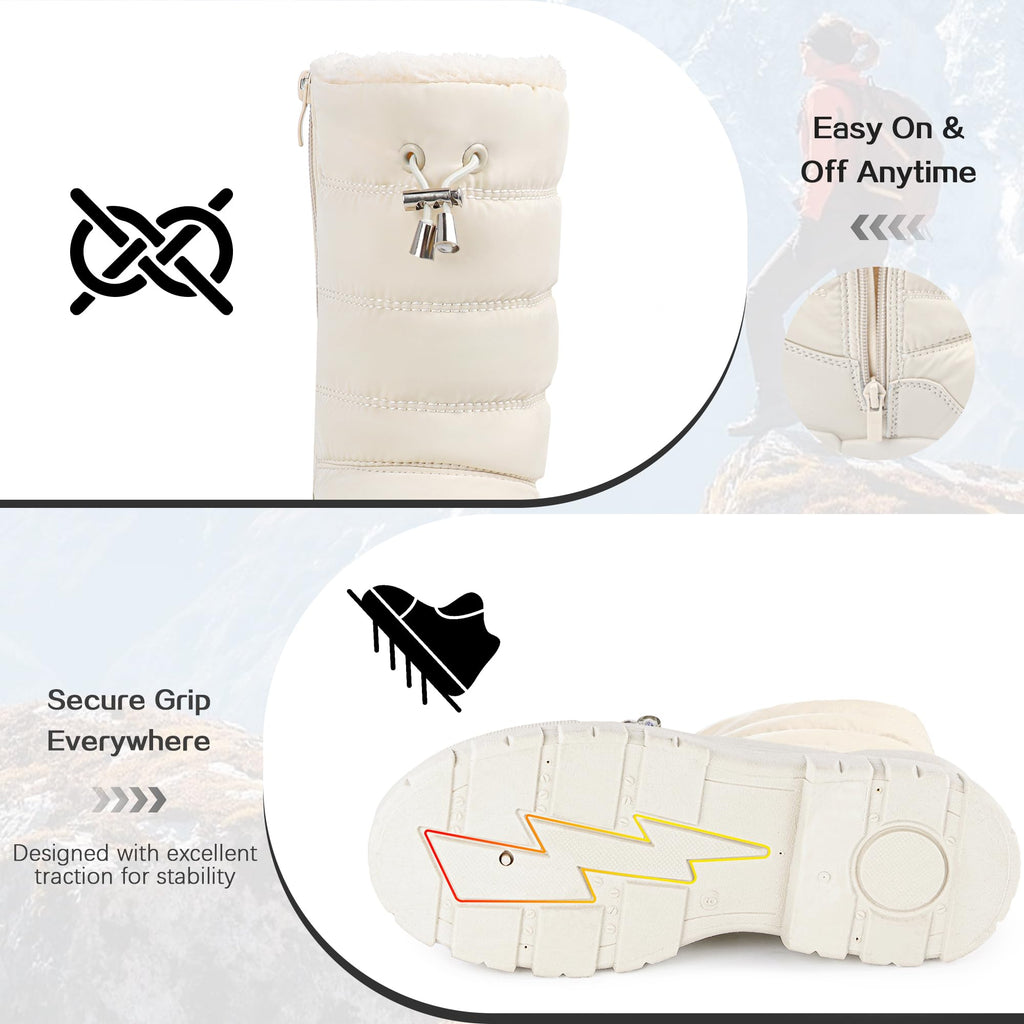 Viapipa White Snow Boots for Women Waterproof Platform Winter Boots with Side Zipper & Adjustment Buckle Design, Anti-Slip Warm, Comfortable Outdoor Booties, White,8