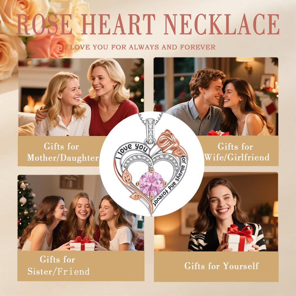 Rose Birthstone Heart Necklaces for Women S925 Sterling Silver I Love You Jewelry Gift for Women Birthday Wedding Anniversary, Mother’s Day Gifts for Mom, Mother, Wife, Girlfriend with Birthstone Pendent Necklace (10-White Gold-Oct)