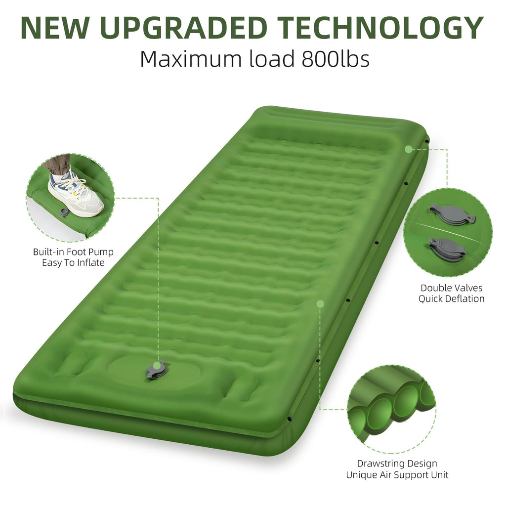 FNARMW Camping Sleeping Pad, Extra Thick 5 Inch Camping Mat with Pillow Built-in Foot Pump Inflatable Sleeping Pads Compact for Camping Backpacking Hiking Traveling Tent（Green）