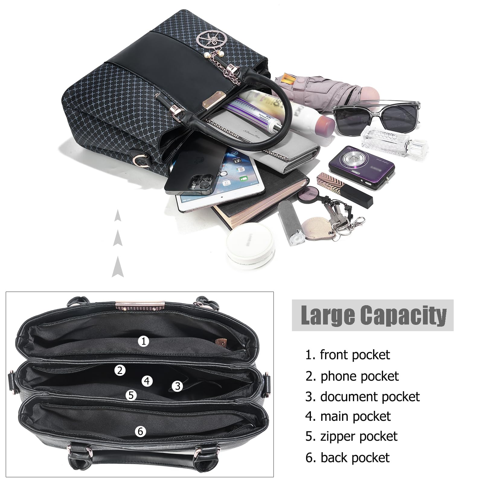 Purse and Handbags for Women, 3 Zip Compartments Tote Bag Designer Shoulder Purse Top Handle Satchel Bags