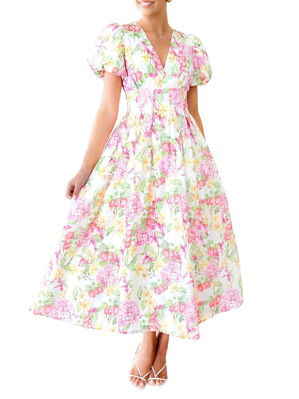 Flessibili Womens Short Sleeve Floral Maxi Dresses 2026 Spring Wedding Guest Party Summer Dress Pink Hydrangea X-Large