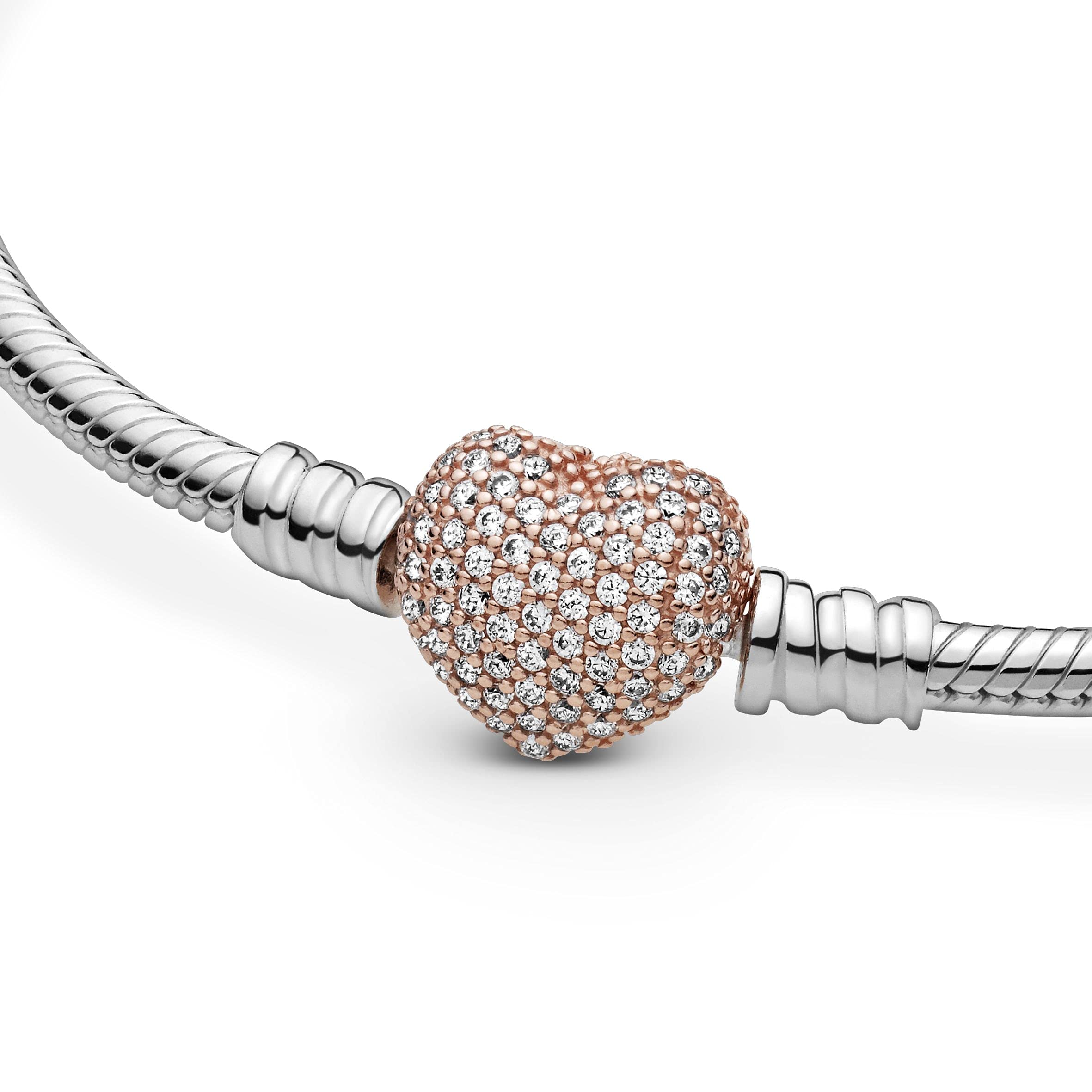 PANDORA Silver Bracelet w/Rose Pave Heart Clasp