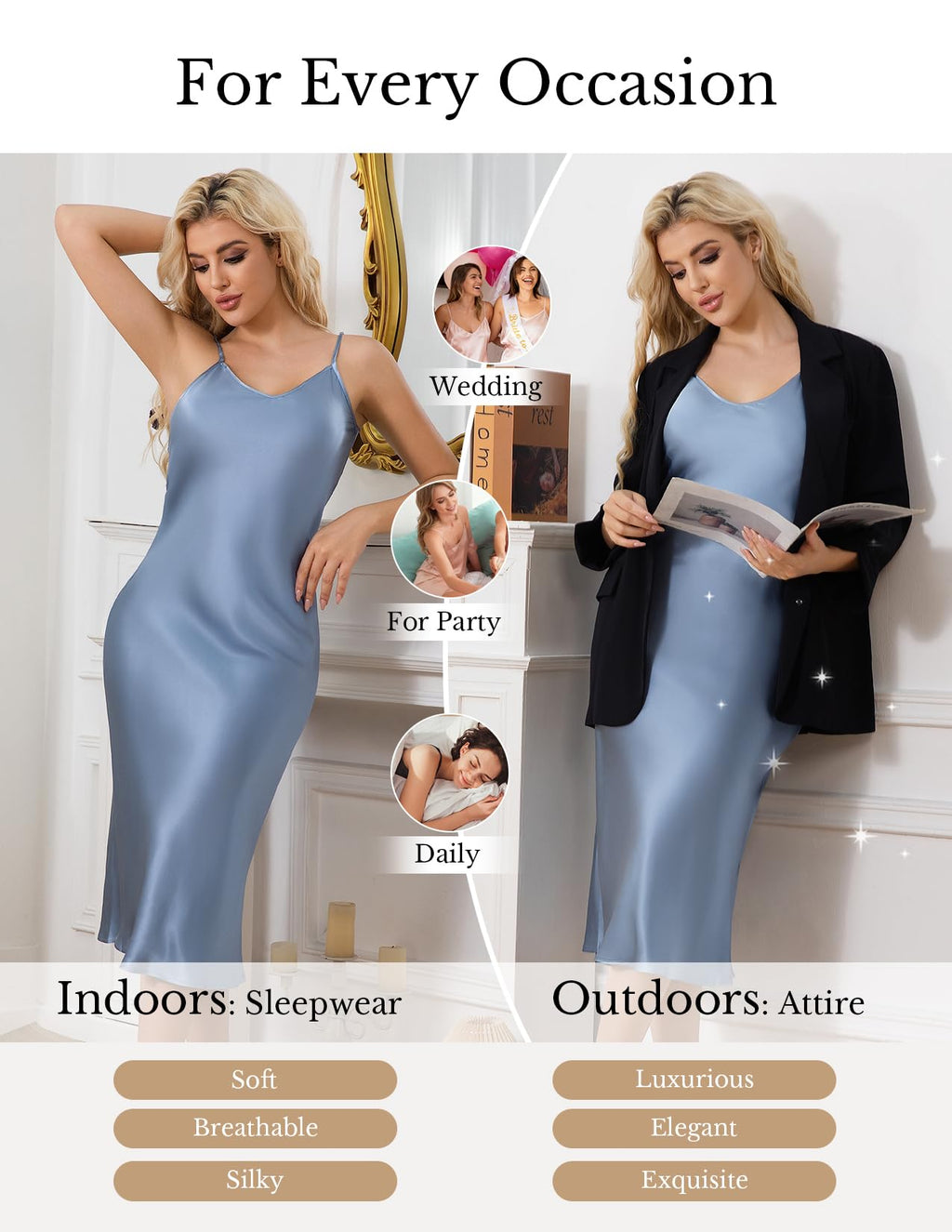 THXSILK Silk Long Nightgowns for Women, Pure Mulberry Silk Charmeuse Nightdress, Lingerie Adjustable Strap